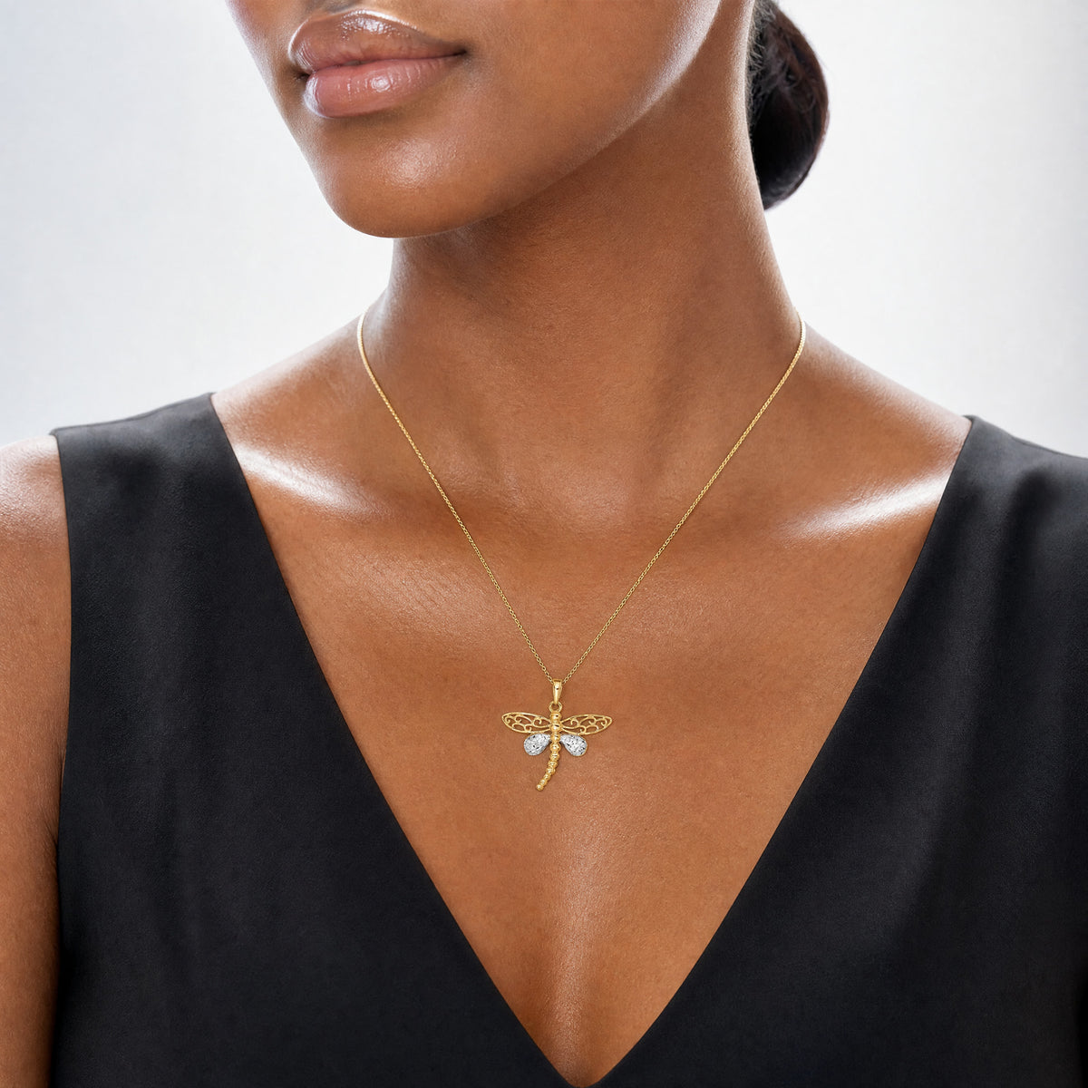 14k and White Rhodium Polished and D/C Dragonfly Pendant - Model Shot