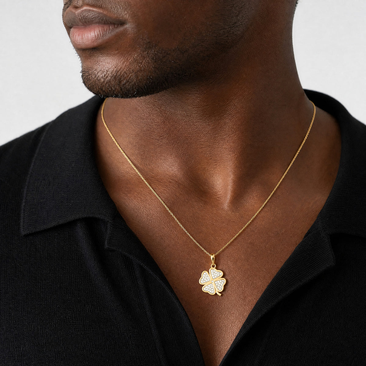 14k and White Rhodium Polished and D/C 4-Leaf Clover Pendant - Model Shot