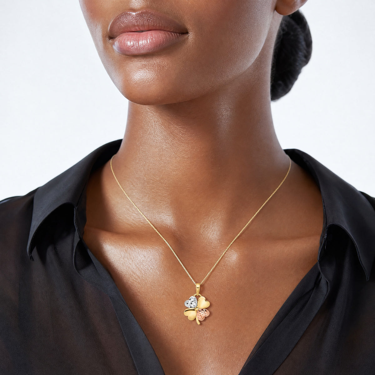 14k w/Rose and White Rhodium Polished and D/C Clover Pendant - Model Shot