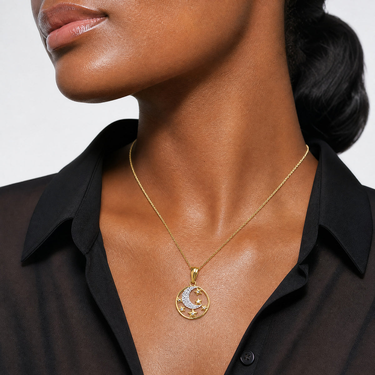 14K and White Rhodium D/C Moon and Stars Pendant - Model Shot