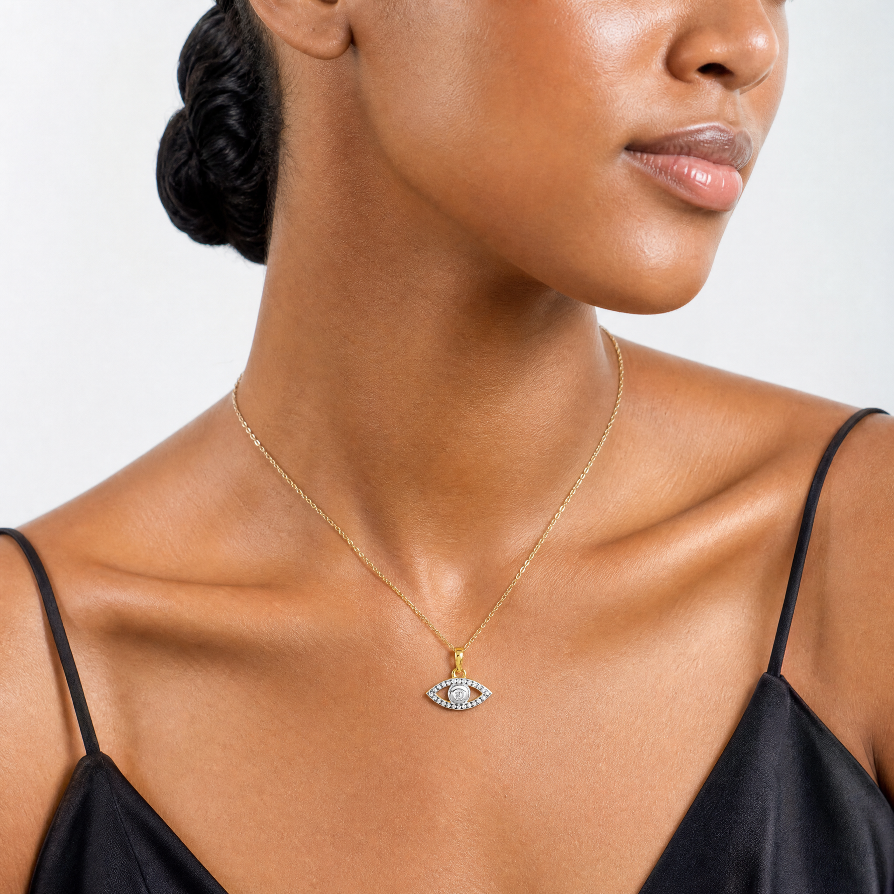 14K and White Rhodium D/C Evil Eye Pendant - Model Shot