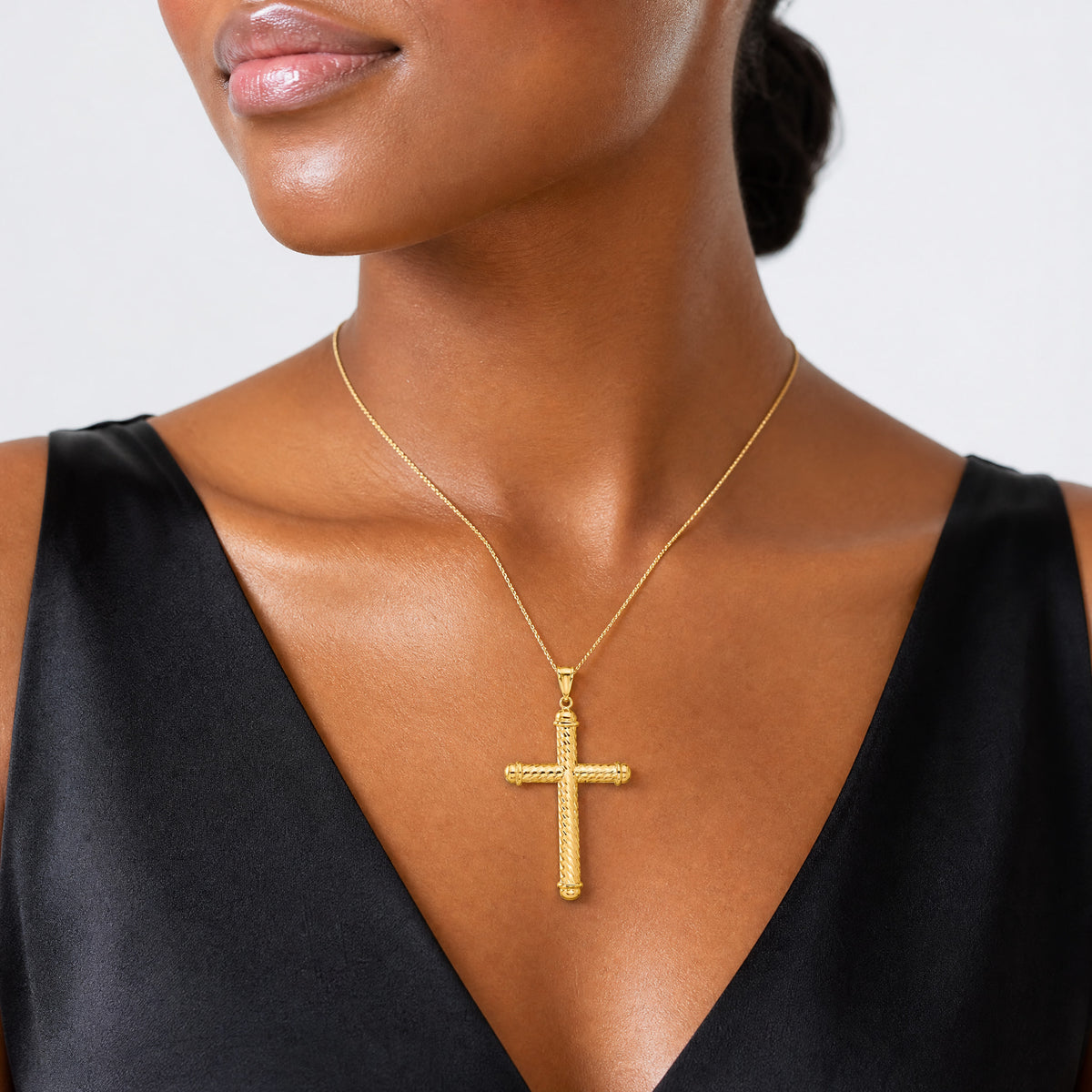 14K Polished and Diamond-cut Cross Pendant - Model Shot
