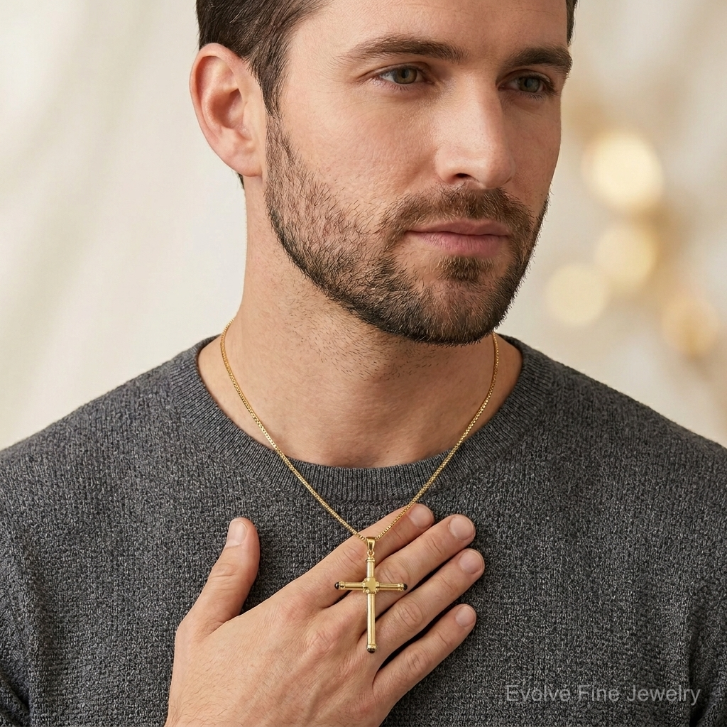 14K Polished with Black Onyx Cross Pendant - Model Shot