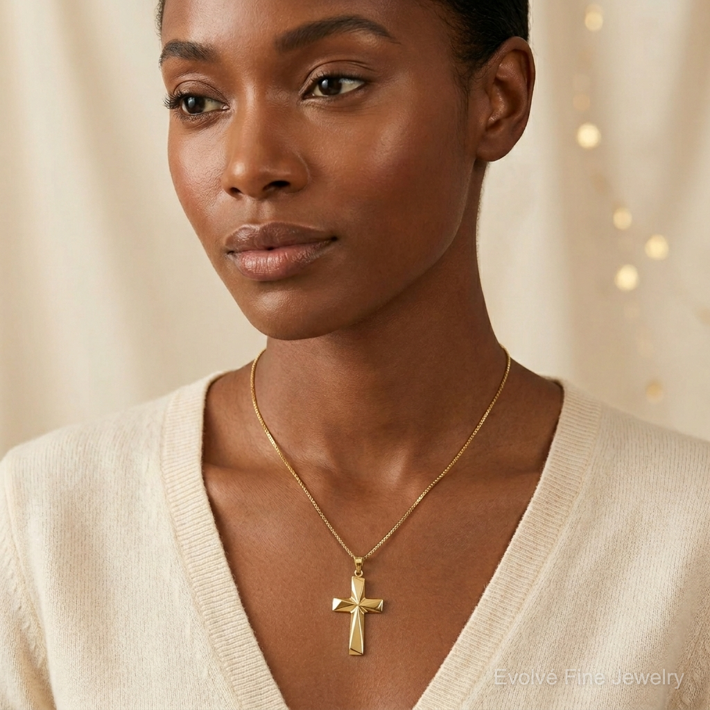 14K Polished Cross Pendant - Model Shot