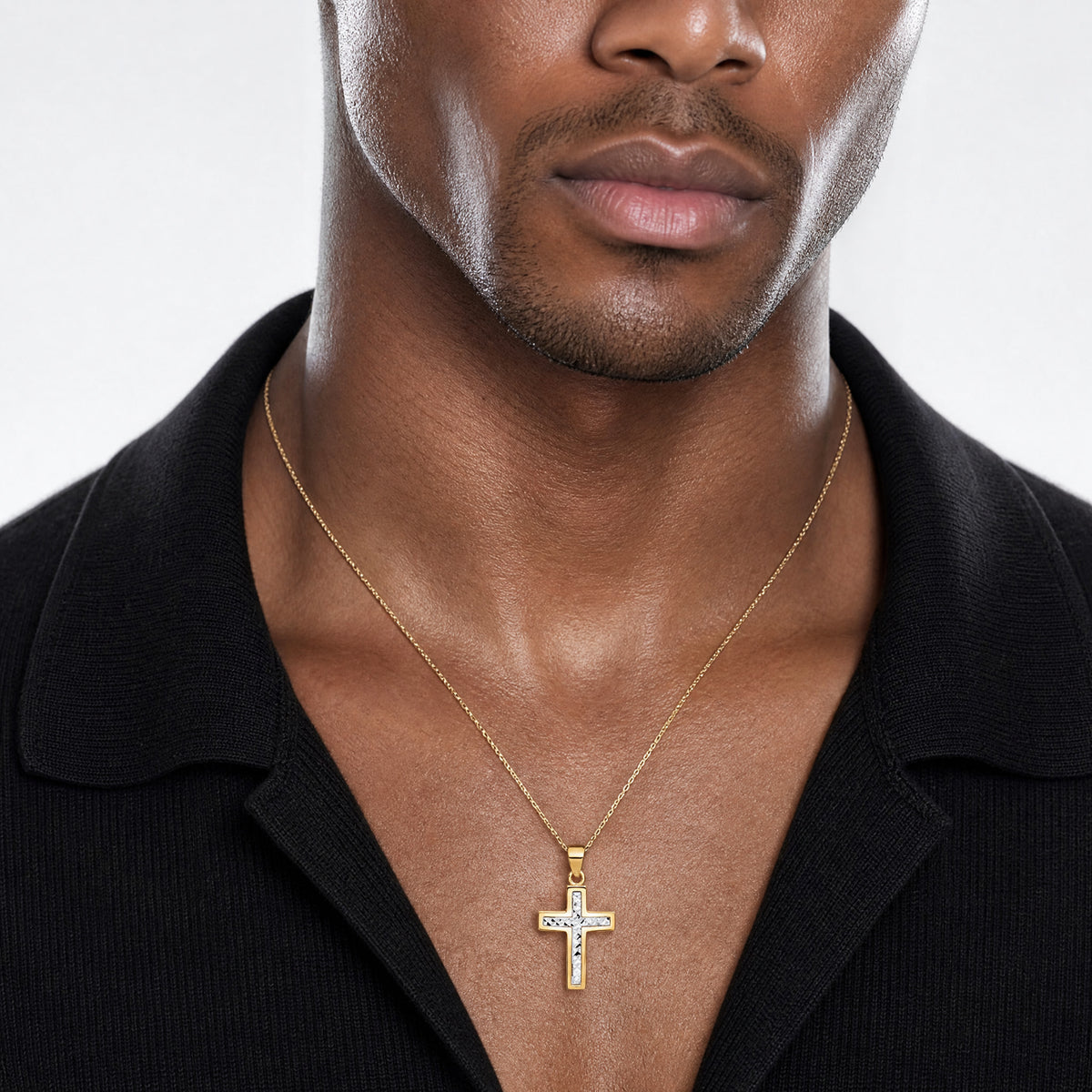 14K Two-tone Polished and Diamond-cut Cross Pendant - Model Shot