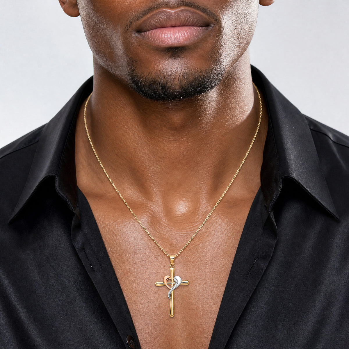 14K Two-tone with White Rhodium Polished Cross with Heart Pendant - Model Shot