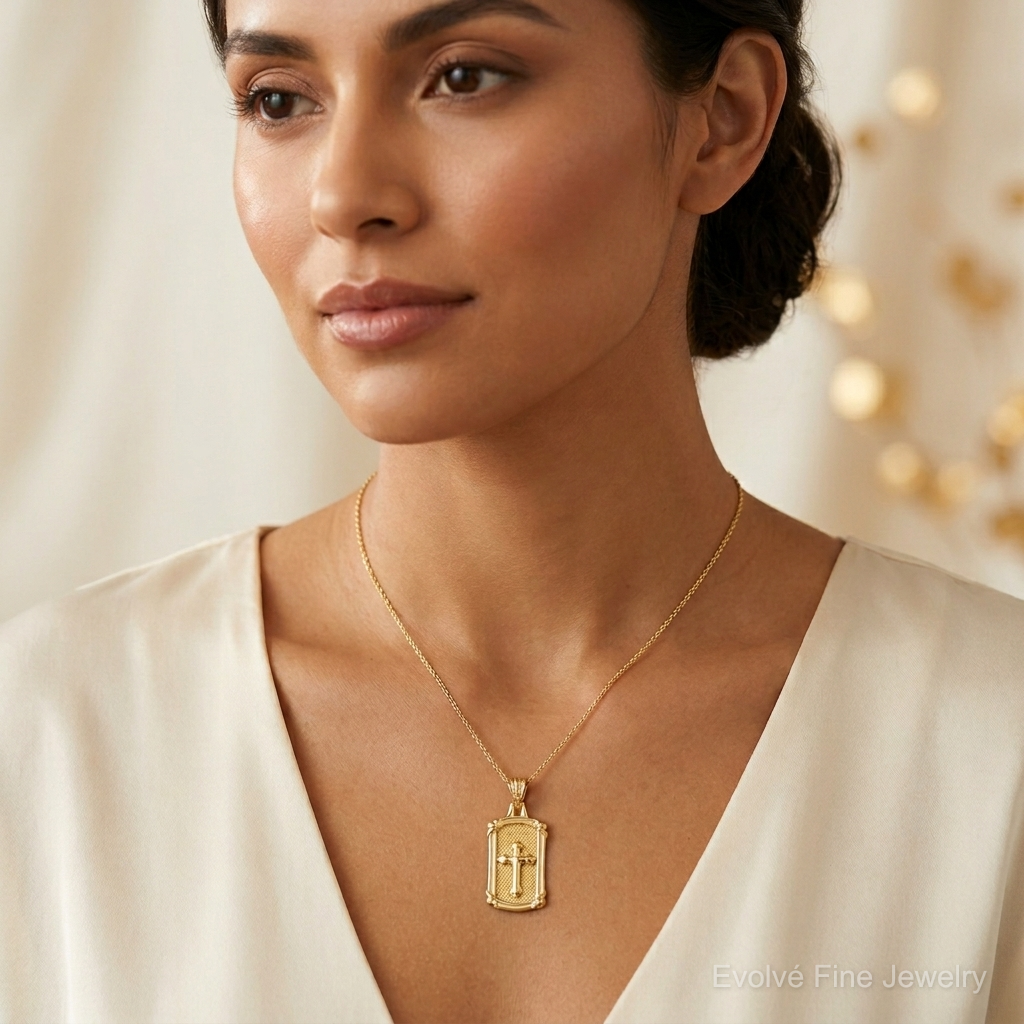 14K Polished and Textured Dog Tag Cross Pendant - Model Shot