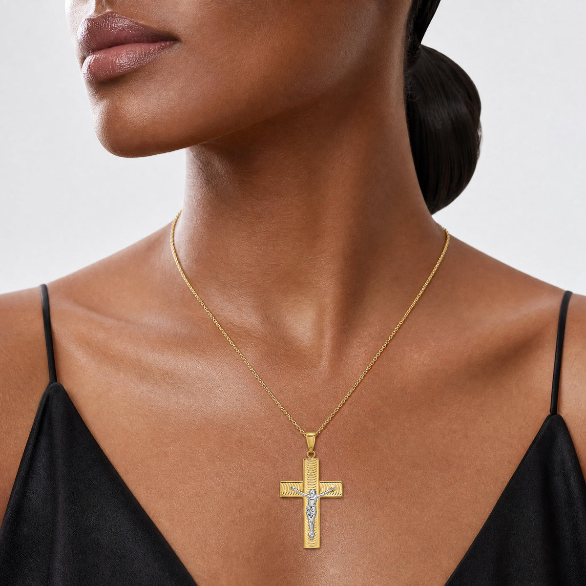 14K Two-tone Polished and Textured Crucifix Pendant - Model Shot