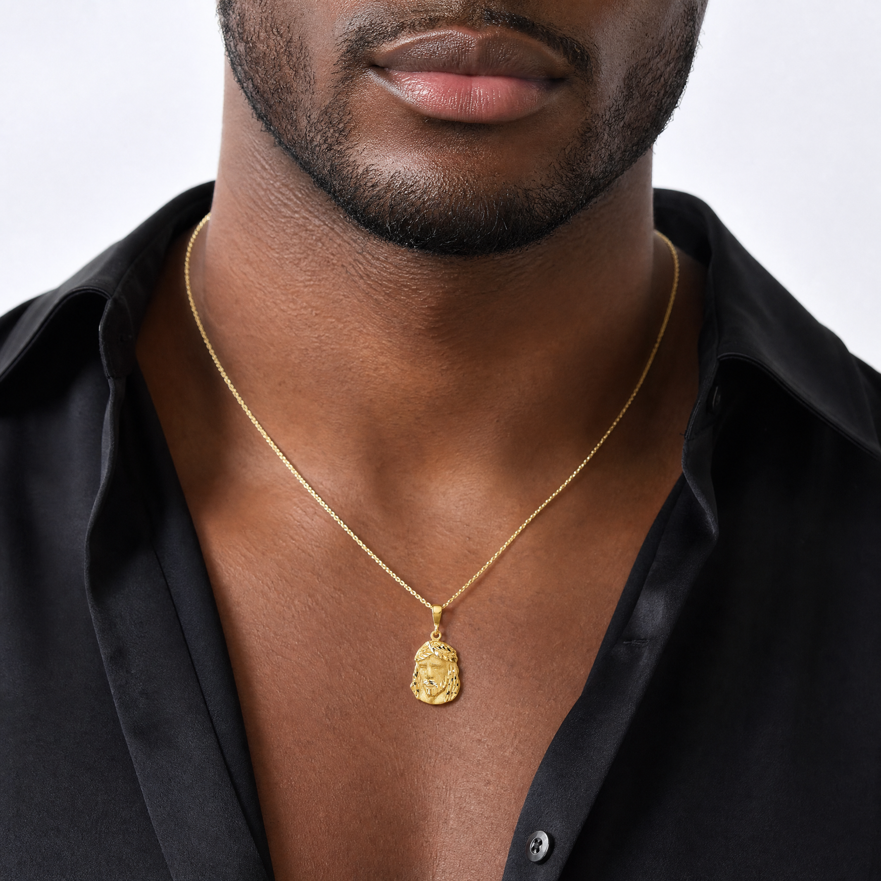14K Satin and Diamond-cut Jesus Medal Pendant - Model Shot