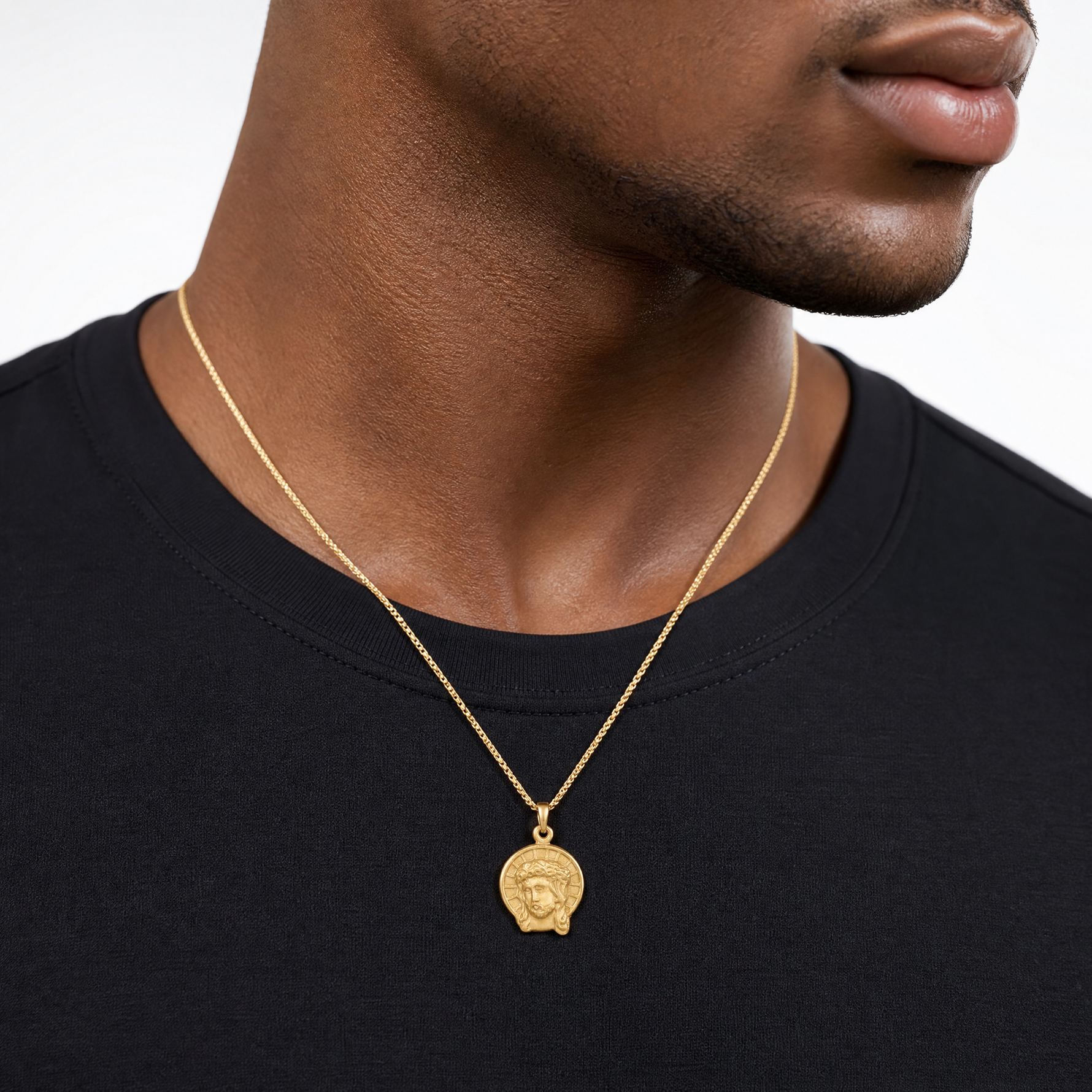 14K Satin Jesus Medal Pendant - Model Shot