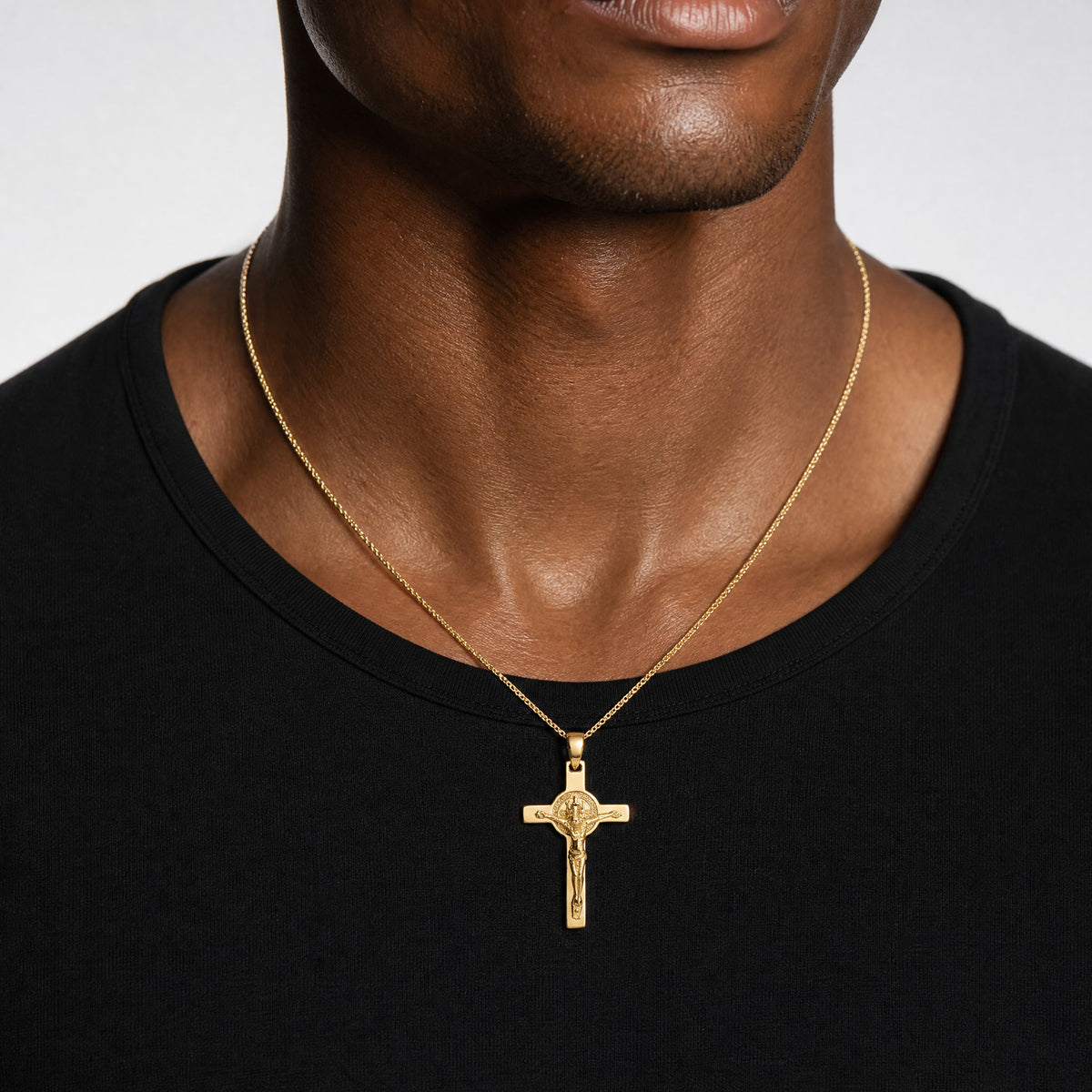 14K Polished Crucifix and St Benedict Pendant - Model Shot