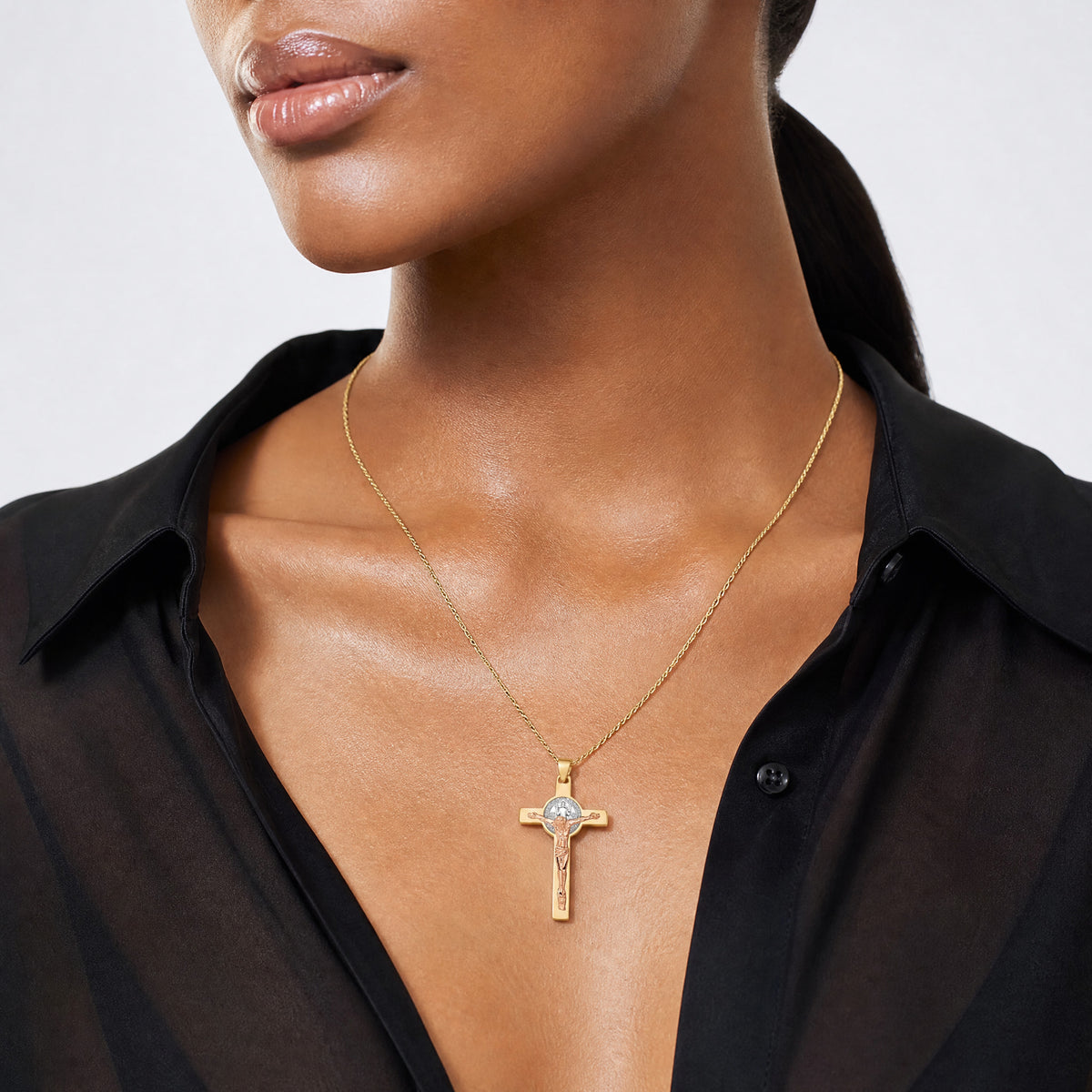 14K Two-tone with White Rhodium Crucifix and St Benedict Pendant - Model Shot