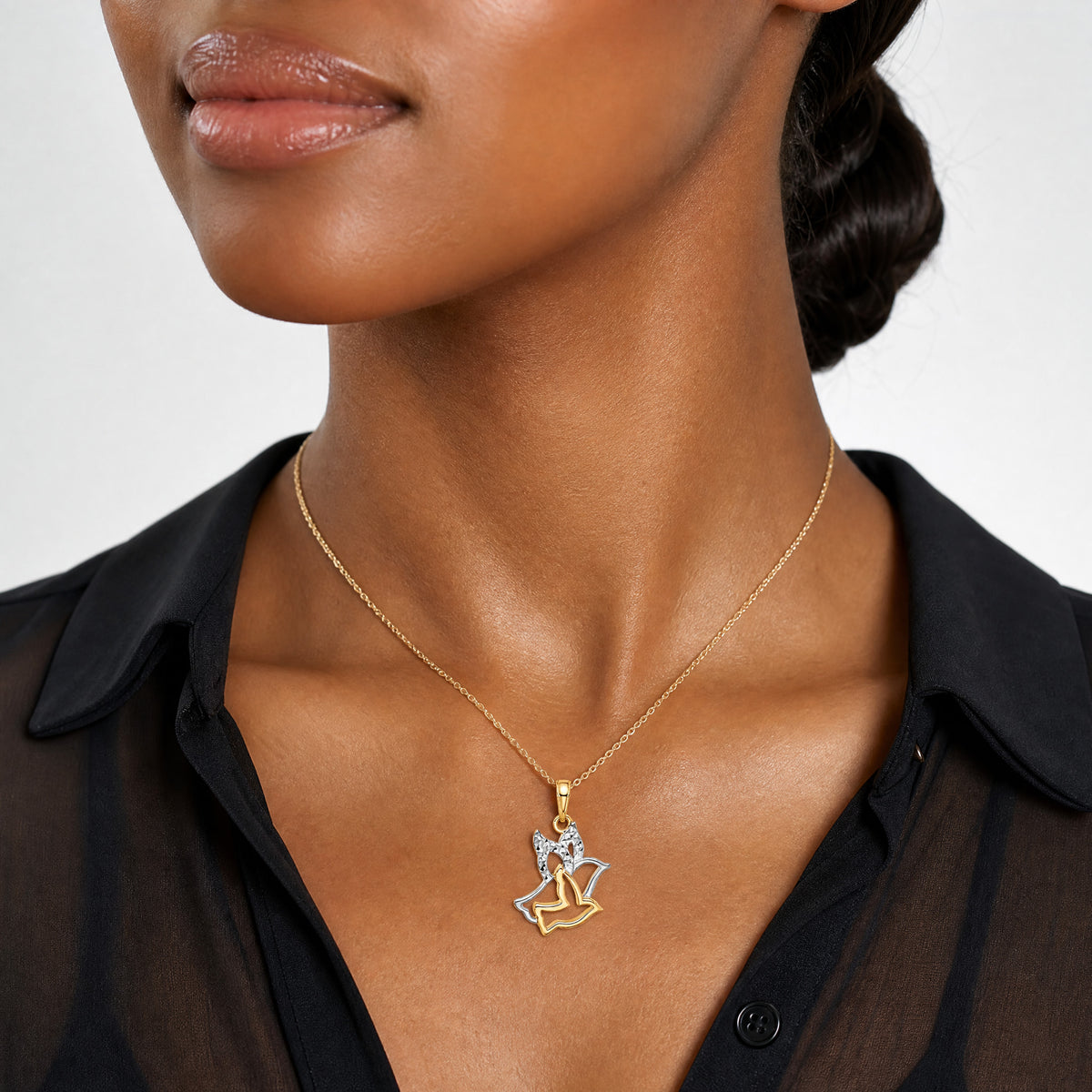 14K with White Rhodium D/C Doves Pendant - Model Shot