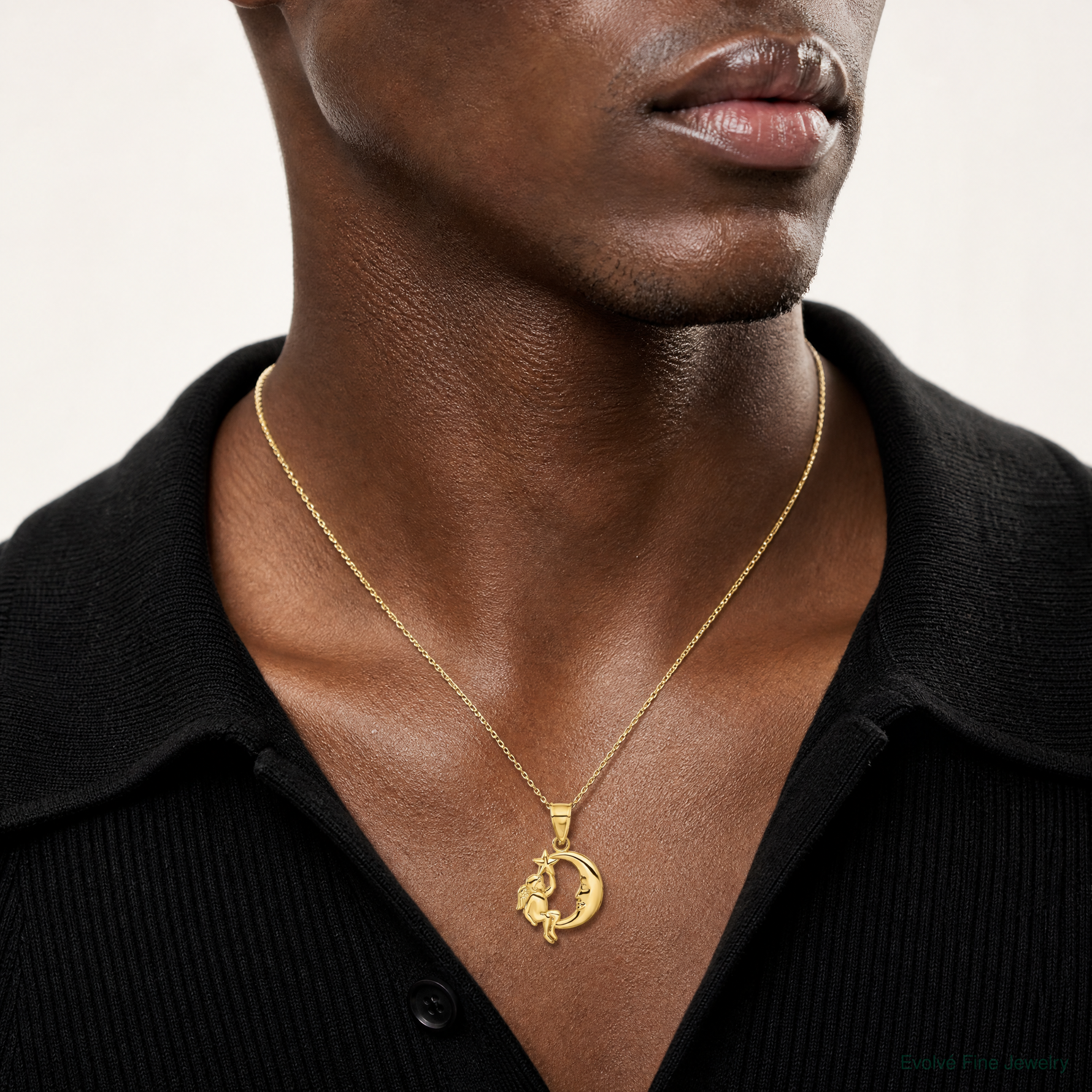 14K Angel, Moon and Star Pendant - Model Shot