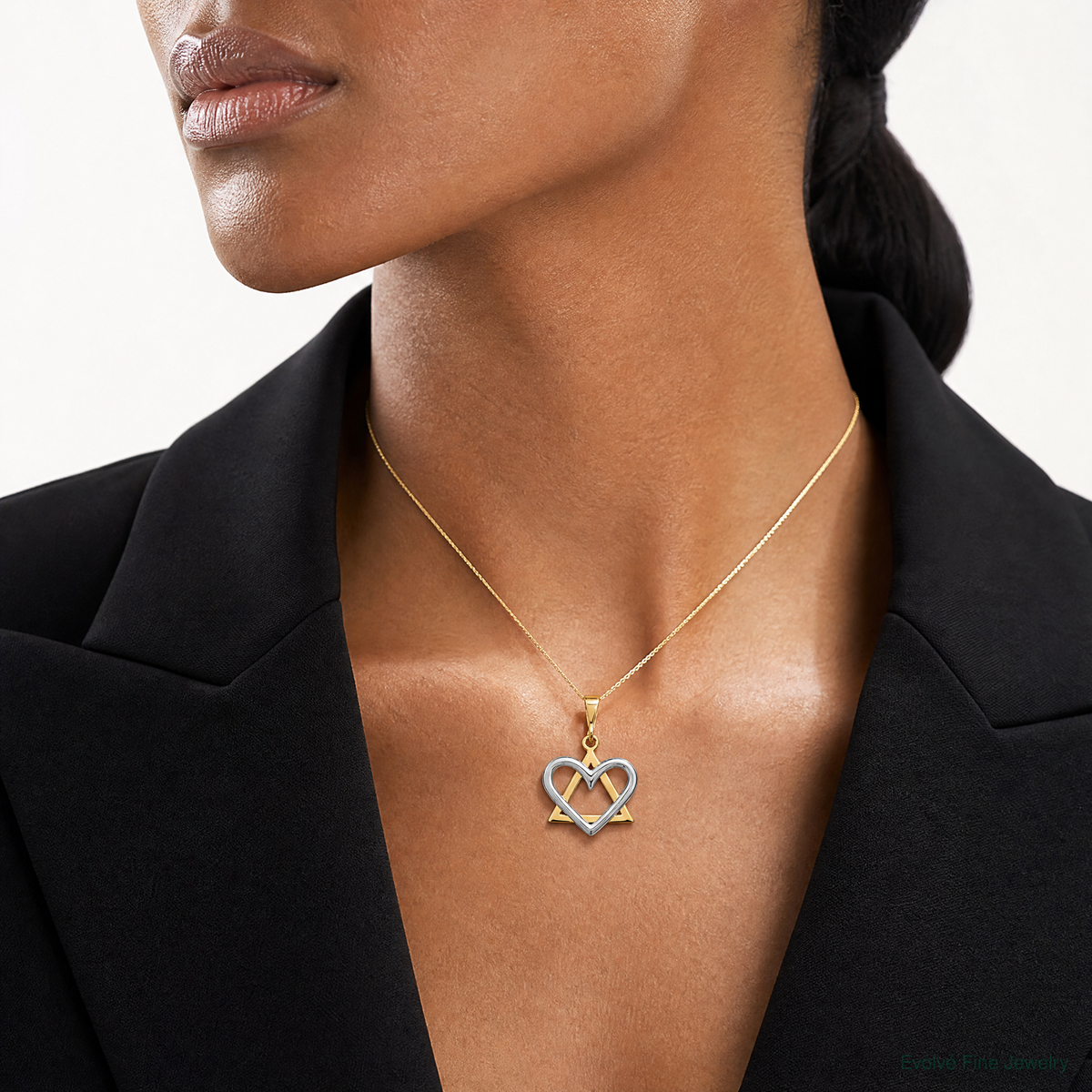 14K Two-Tone Star of David Heart Pendant - Model Shot