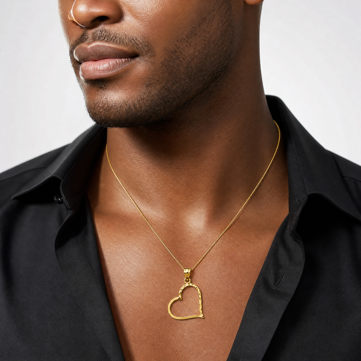14K Satin Diamond-cut Crooked Heart Pendant - Model Shot