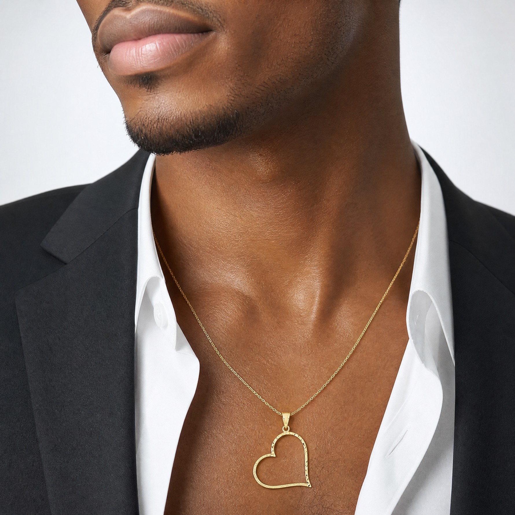 14K Satin Diamond-cut Crooked Heart Pendant - Model Shot