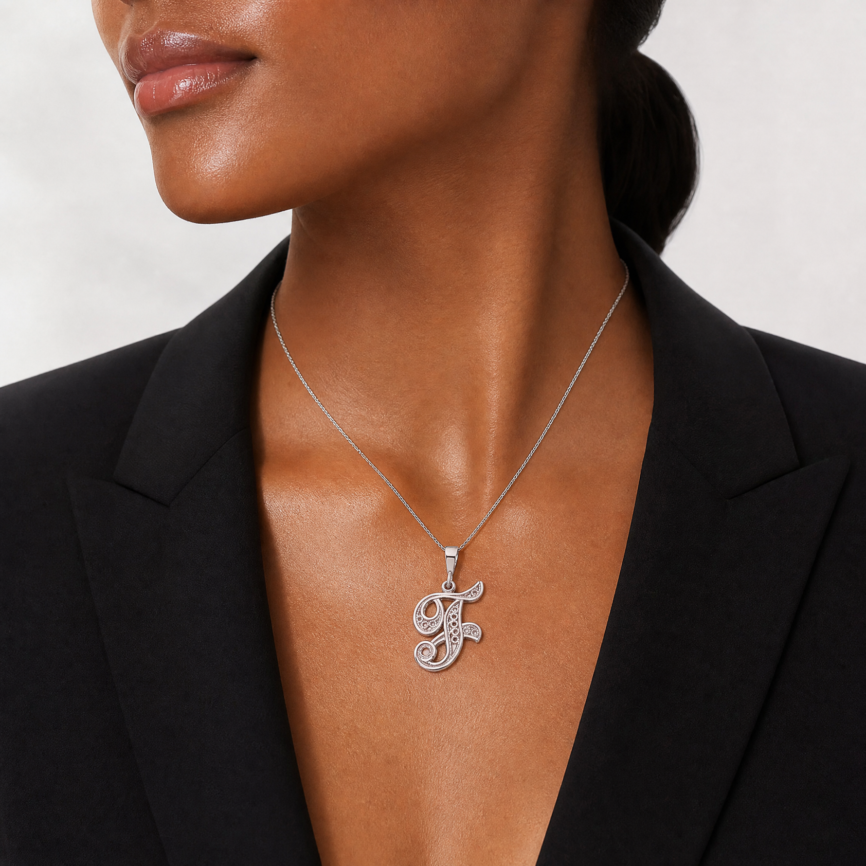 14KW White Gold Solid Polished Script Filigree Letter F Initial Pendant - Model Shot