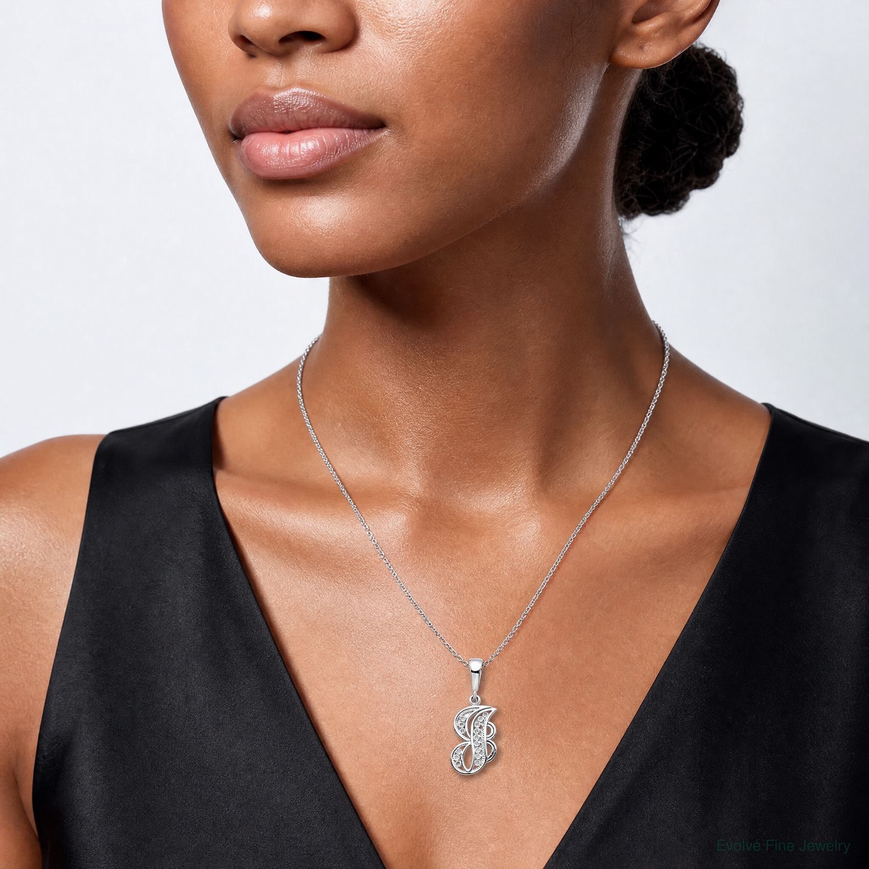 14KW White Gold Solid Polished Script Filigree Letter J Initial Pendant - Model Shot