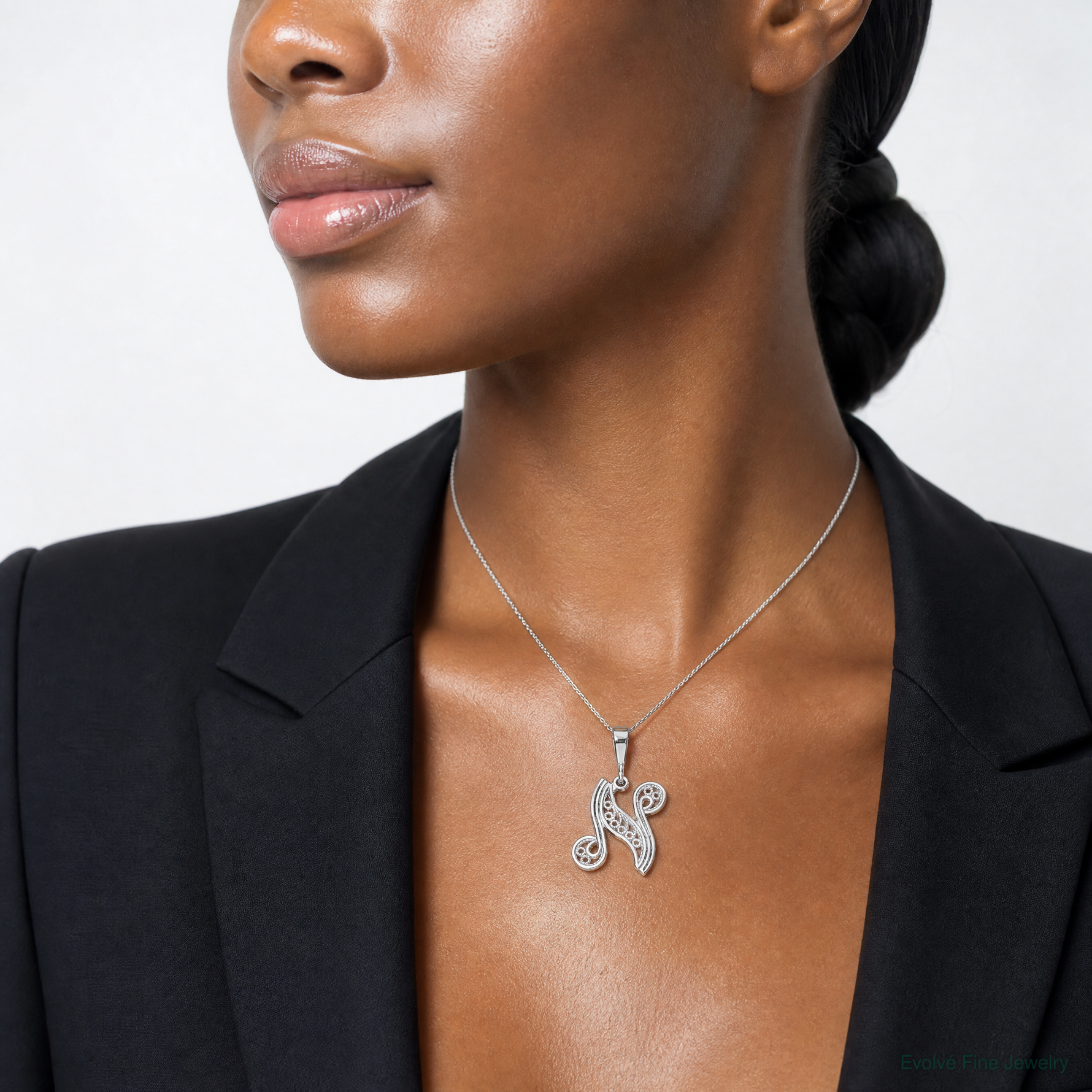 14KW White Gold Solid Polished Script Filigree Letter N Initial Pendant - Model Shot