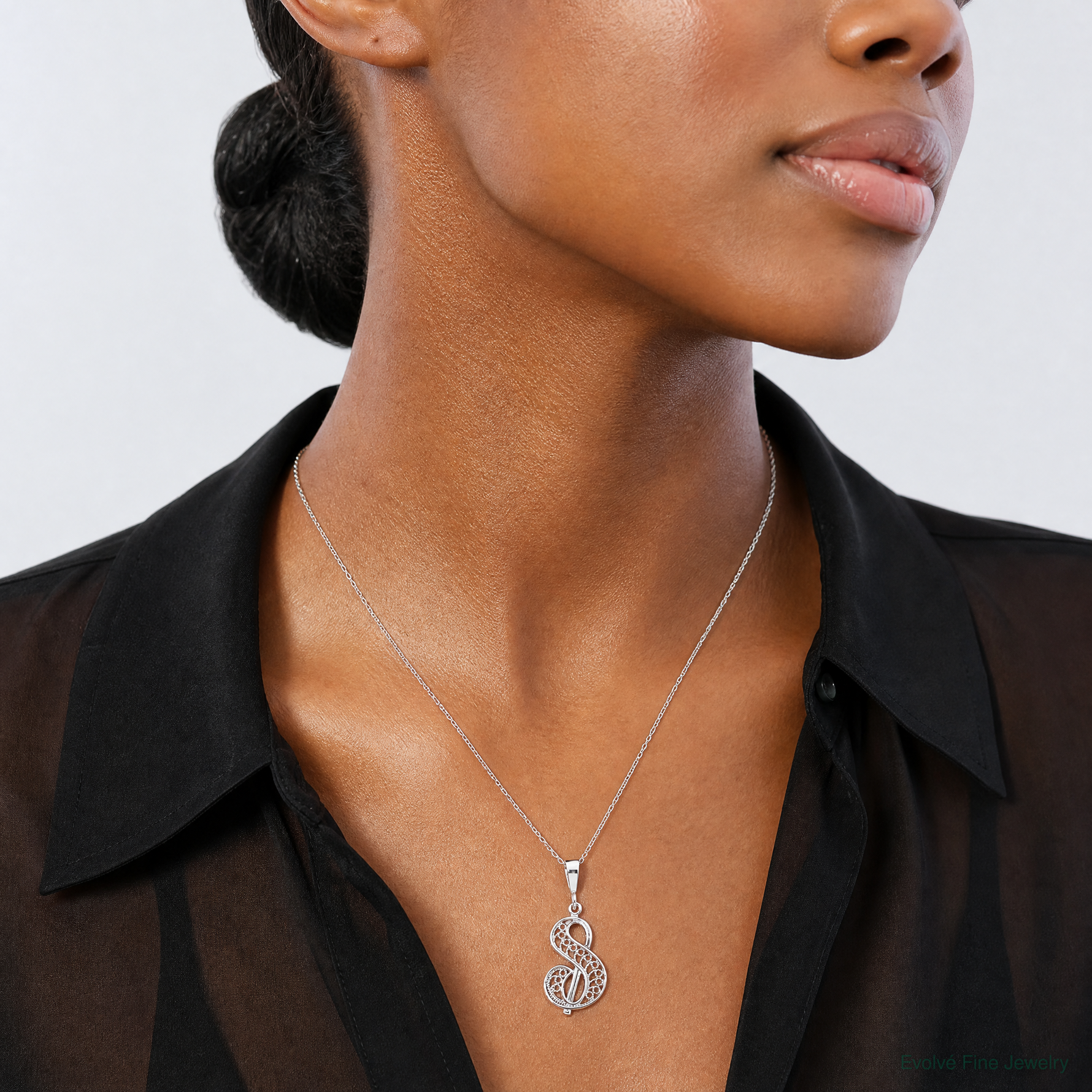 14KW White Gold Solid Polished Script Filigree Letter S Initial Pendant - Model Shot