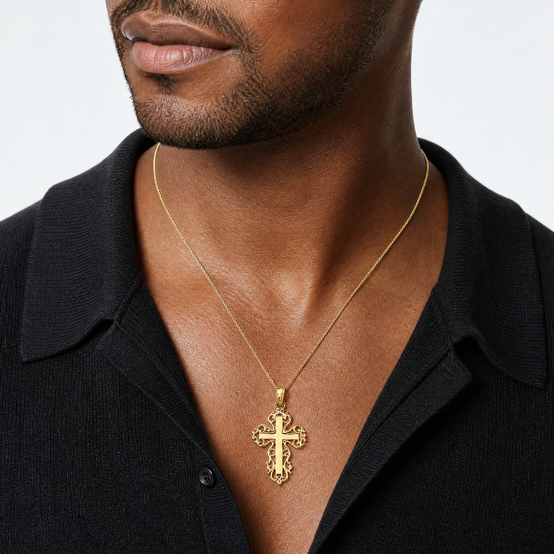 14k Polished Filigree Cross Charm - Model Shot