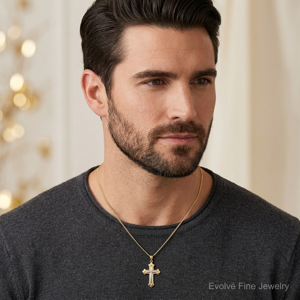 14k Two-tone Fleur De Lis Cross Pendant - Model Shot