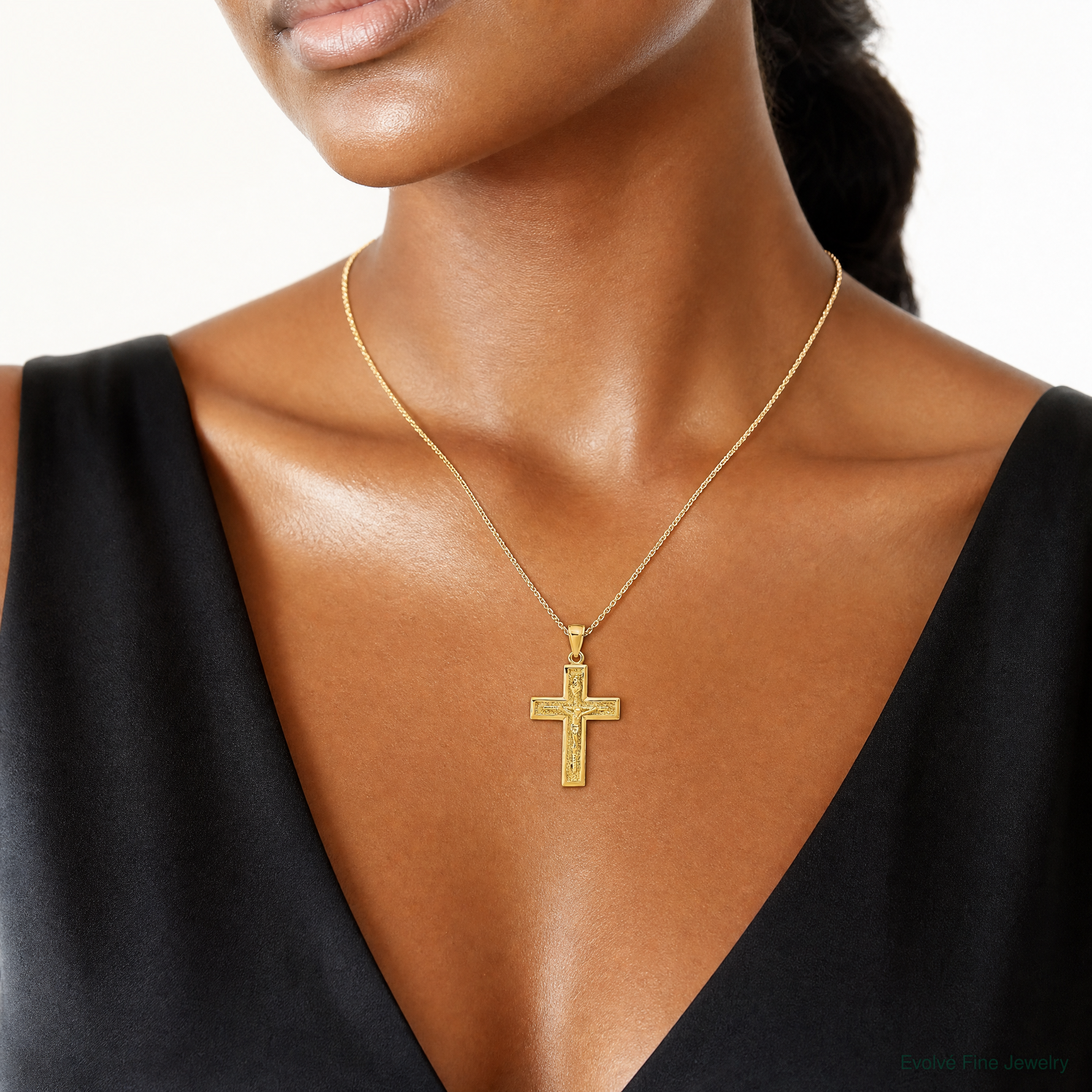 14k Polished Crucifix Pendant - Model Shot
