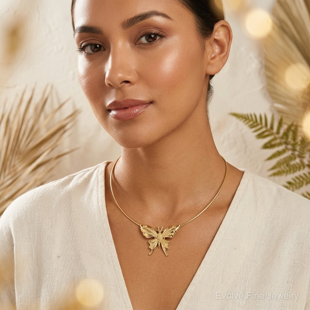 14k Polished and Beaded Butterfly Slide Charm - Model Shot