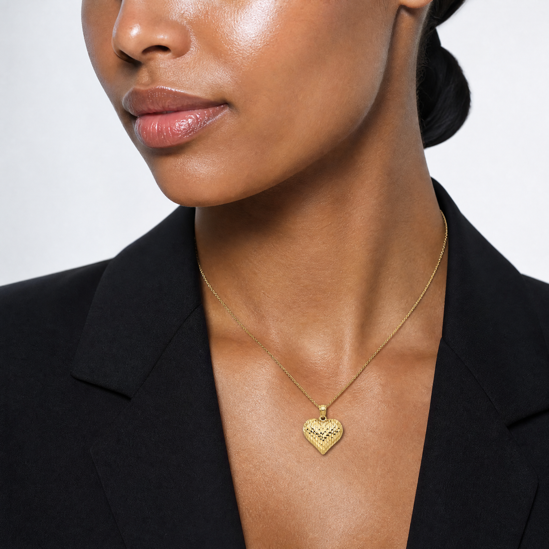 14K Polished and Textured 3-D Heart Pendant - Model Shot