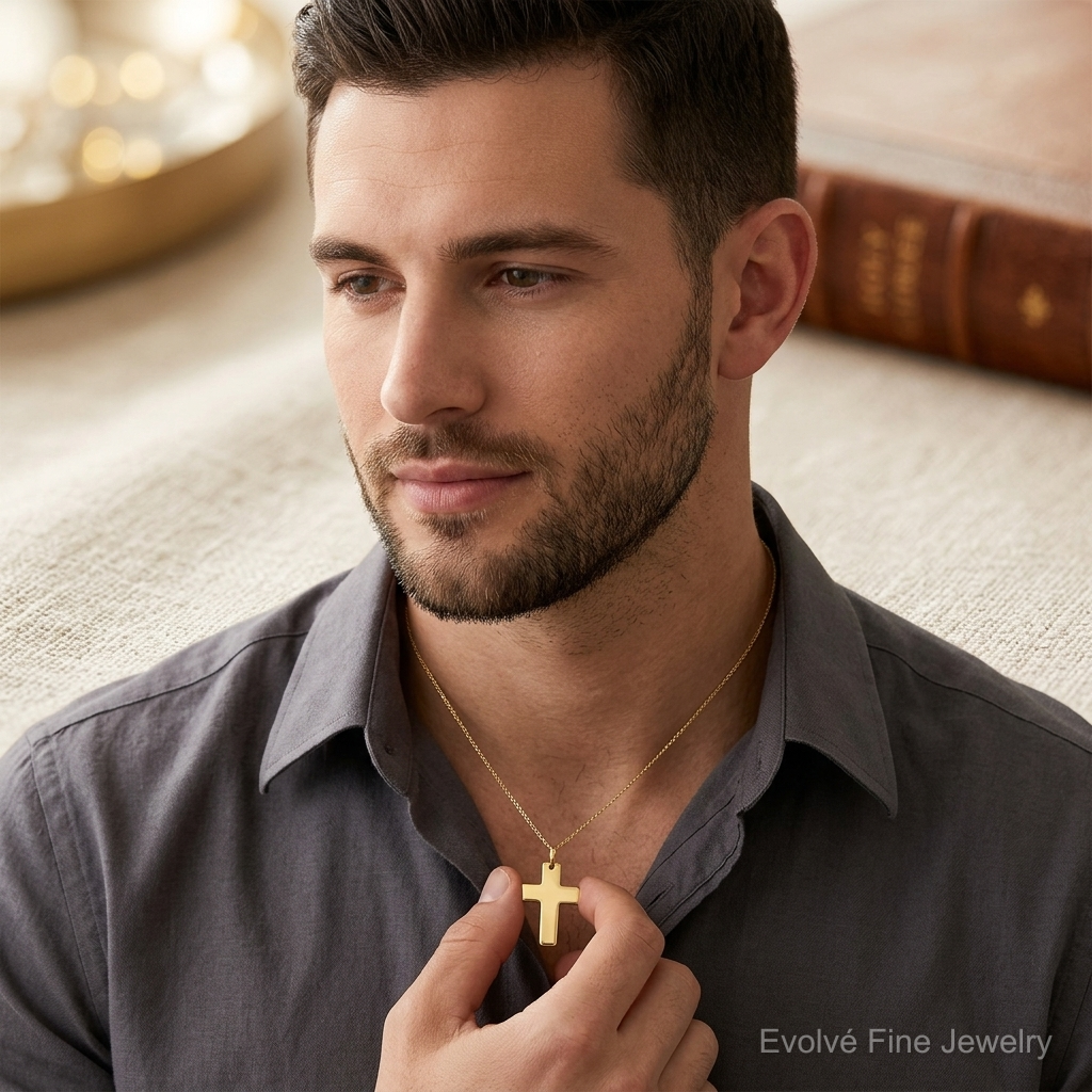 14k Polished Cross Charm - Model Shot