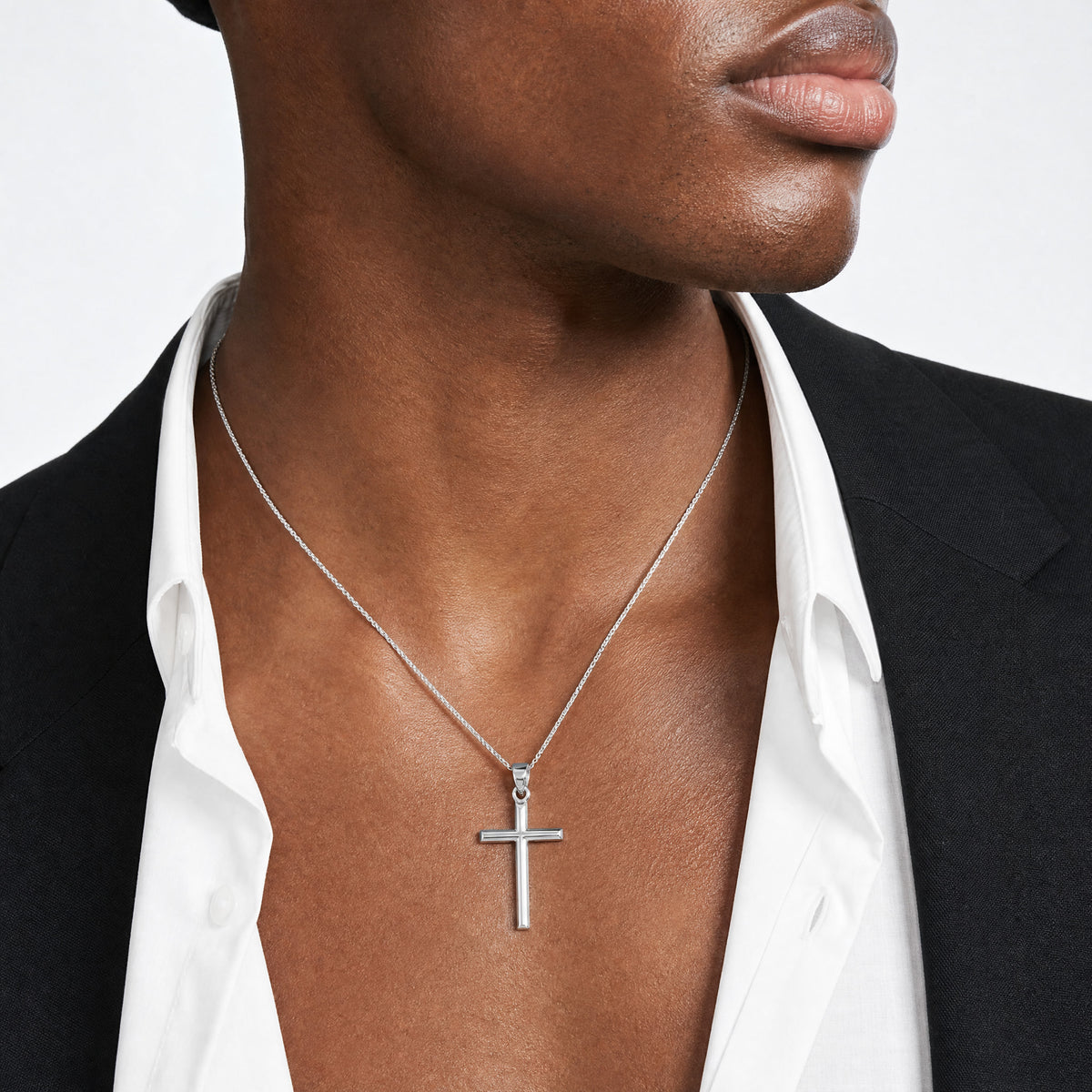 14k White Gold Hollow Cross Pendant - Model Shot