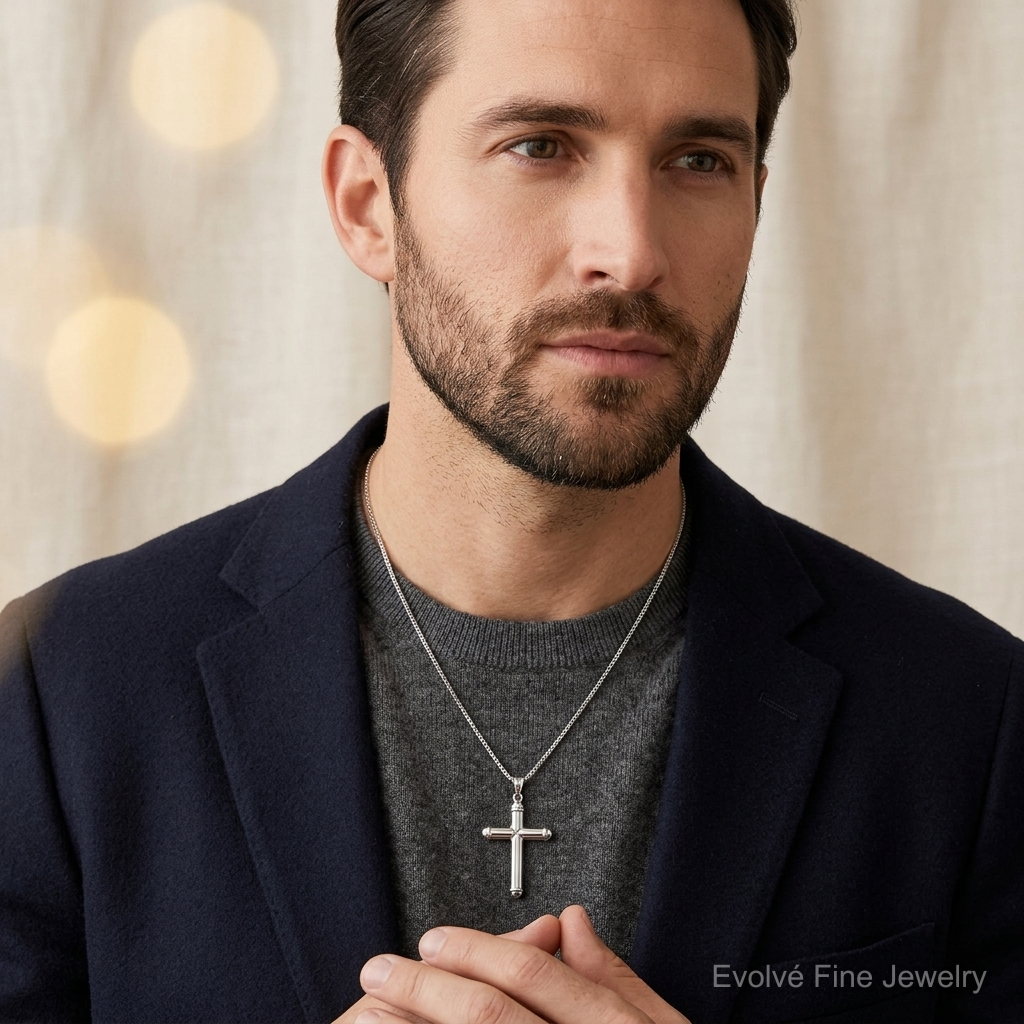 14k White Gold Hollow Cross Pendant - Model Shot