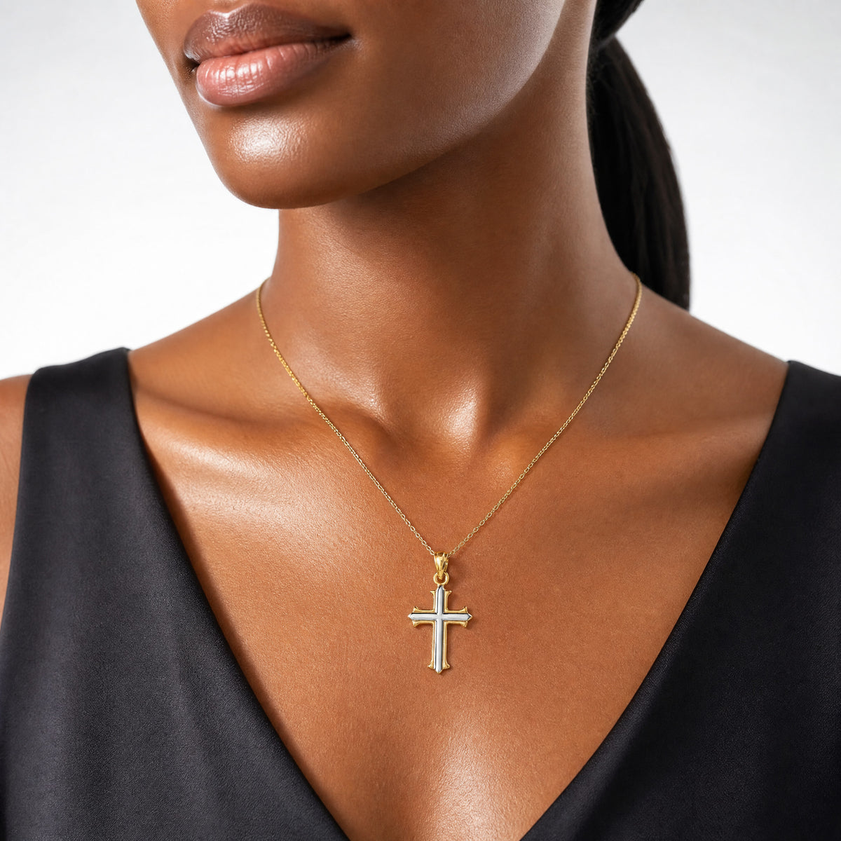 14k w/Rhodium Reversible Hollow Cross Pendant - Model Shot