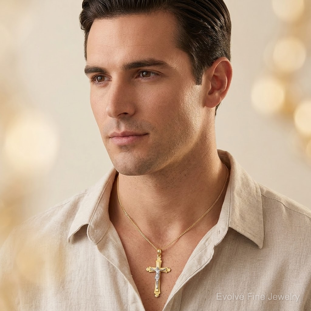14k Two-tone Crucifix Pendant - Model Shot