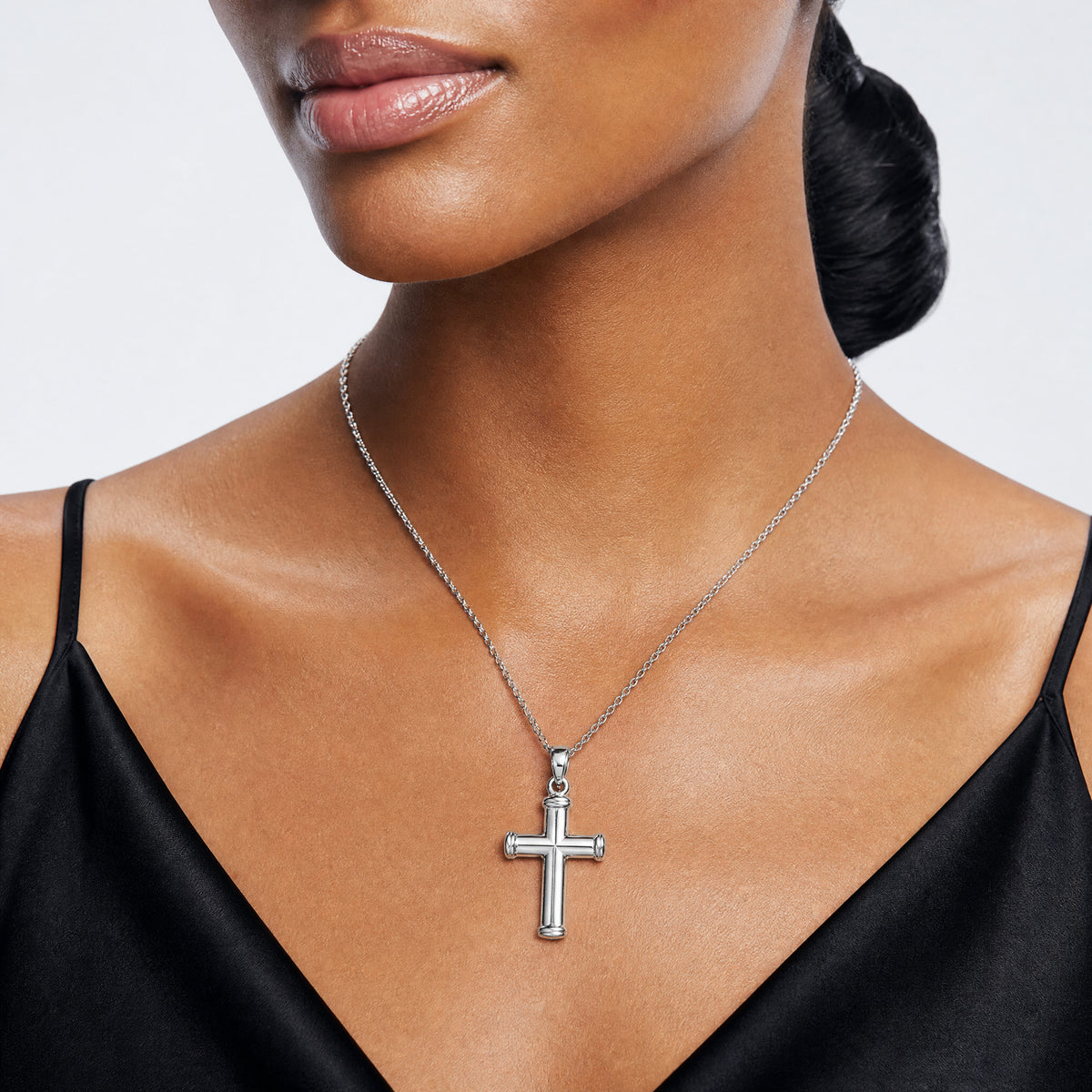 14k White Gold Hollow Cross Pendant - Model Shot