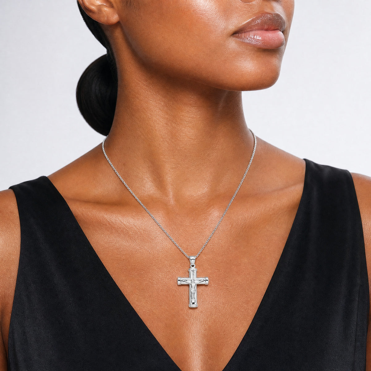 14K White Gold Reversible Crucifix Pendant - Model Shot
