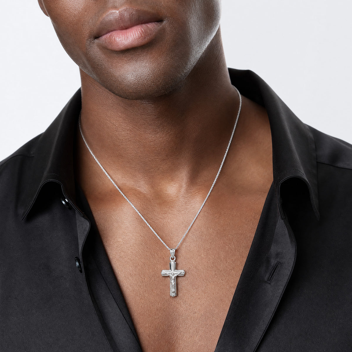14K White Gold Reversible Crucifix Pendant - Model Shot