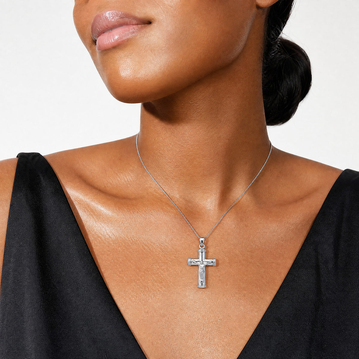 14K White Gold Reversible Crucifix Pendant - Model Shot