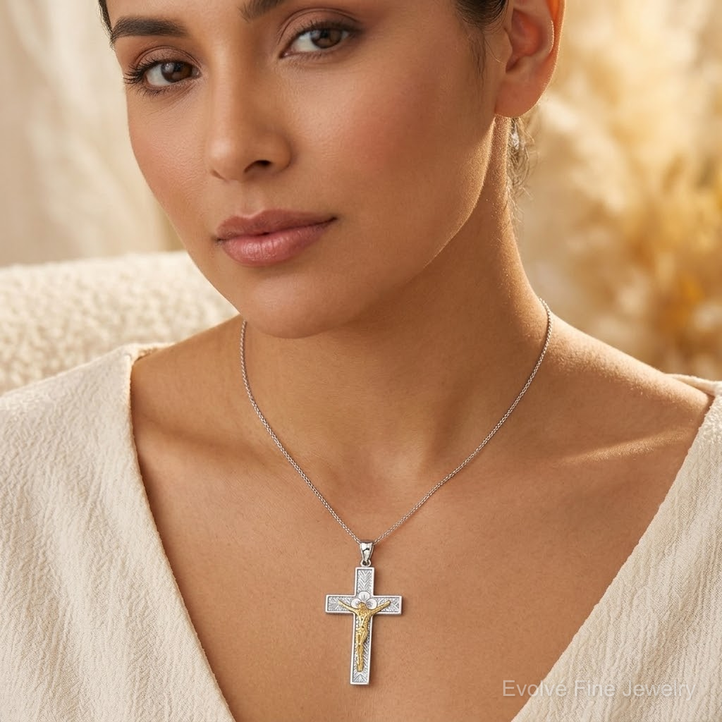 14k Two-tone Crucifix Pendant - Model Shot