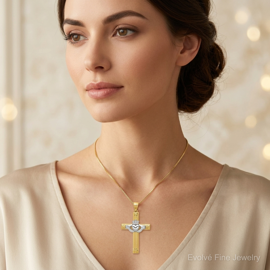 14k Two-tone Claddagh Cross Pendant - Model Shot