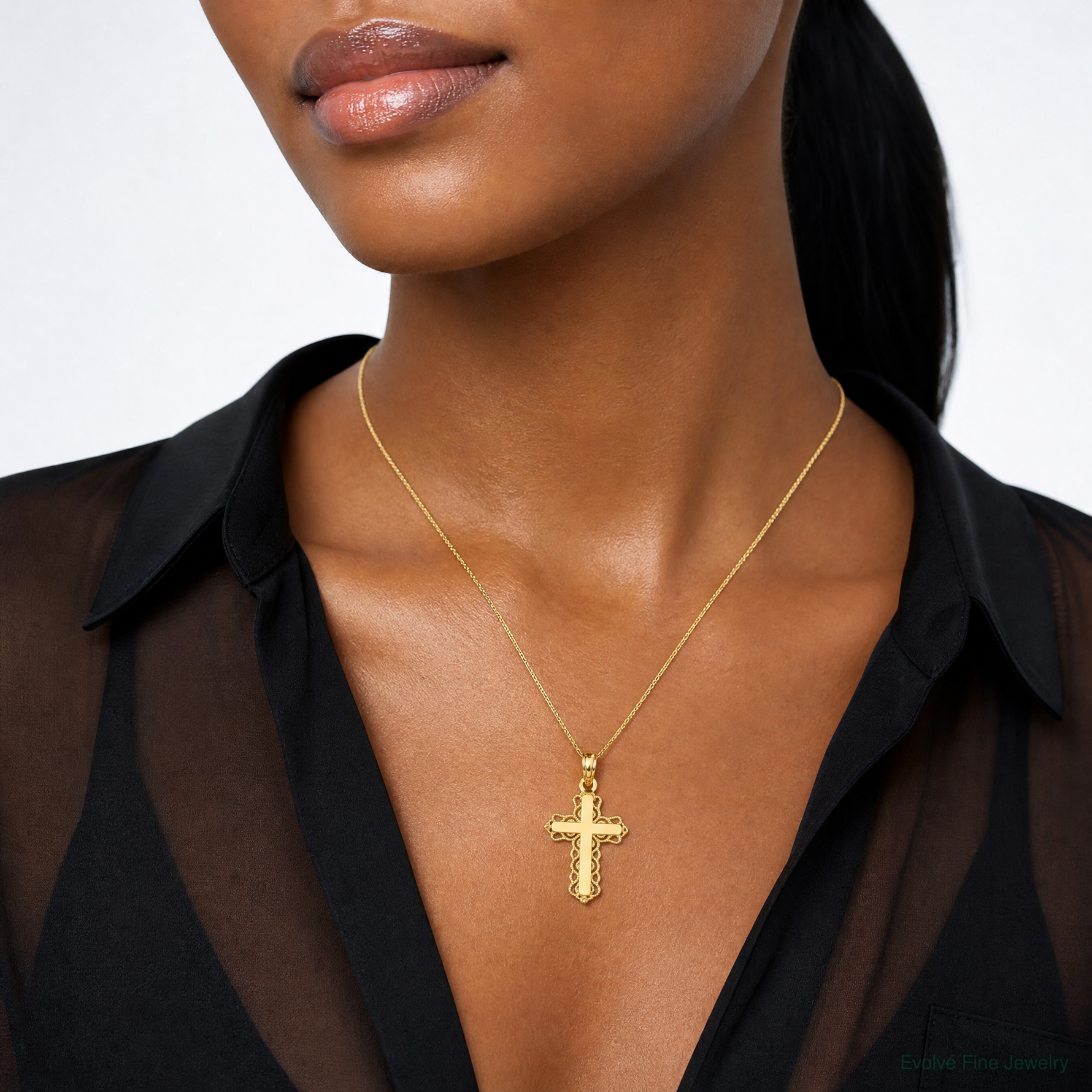 14k Budded Cross Charm - Model Shot