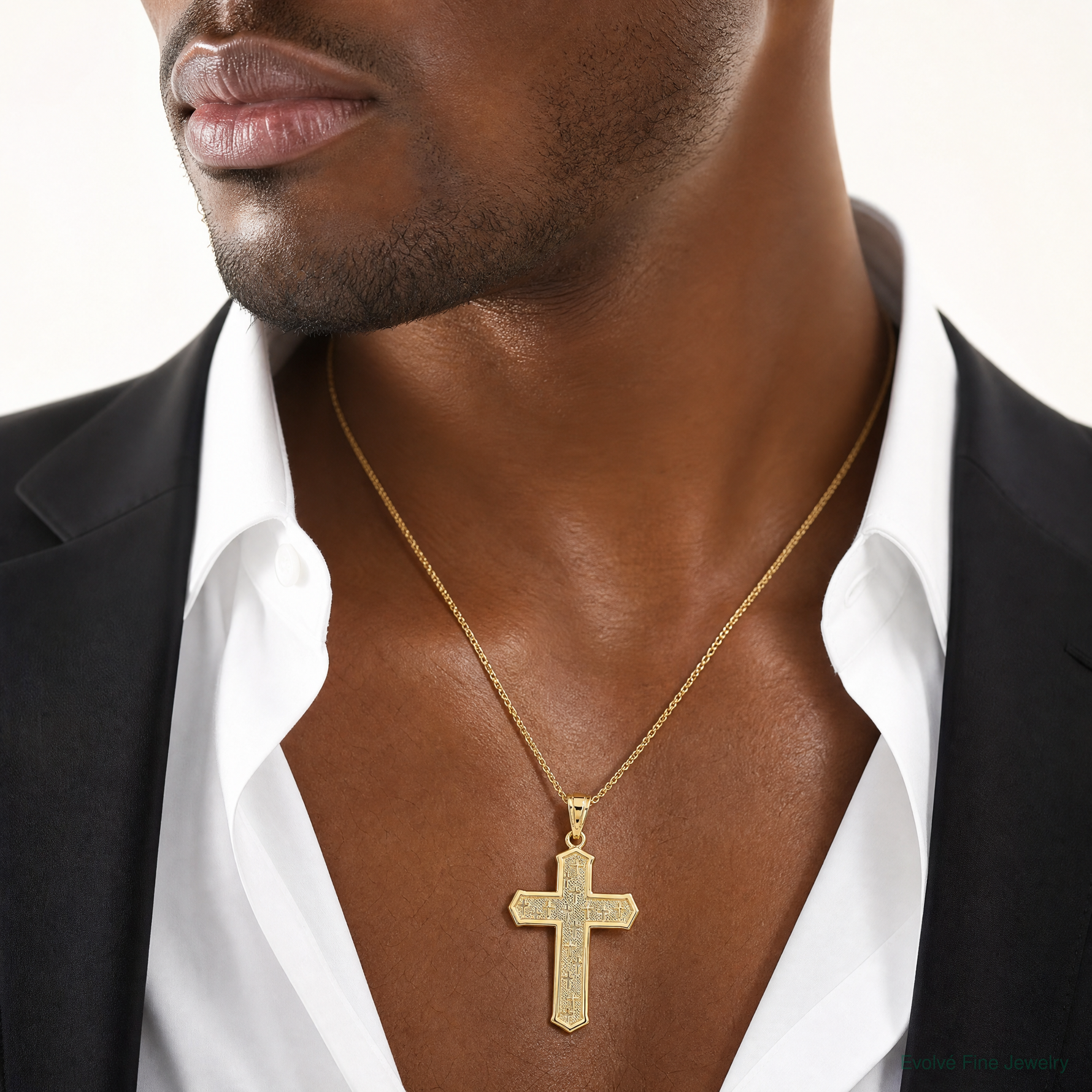 14k Passion Cross Pendant - Model Shot