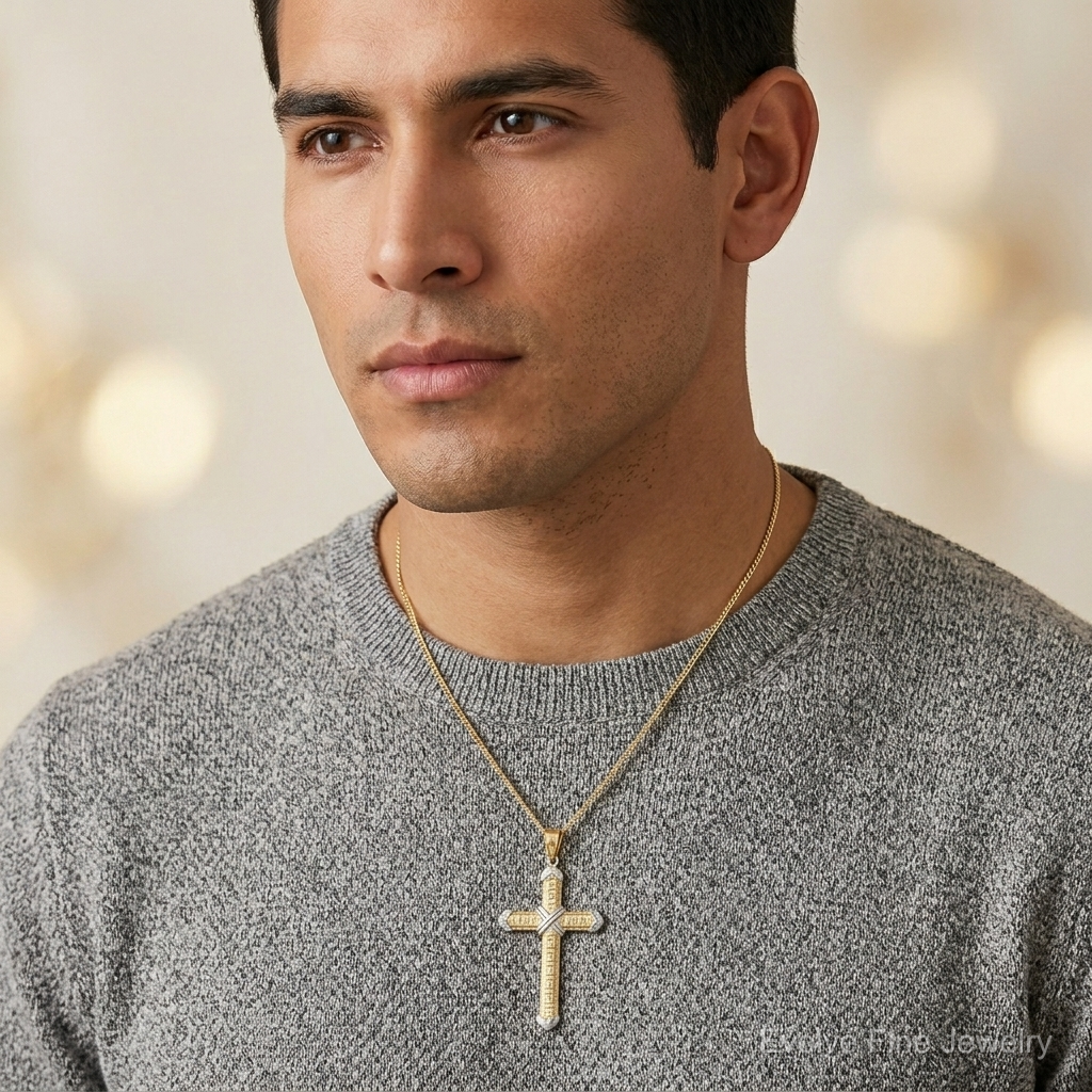14K And Rhodium Greek Key Cross Pendant - Model Shot