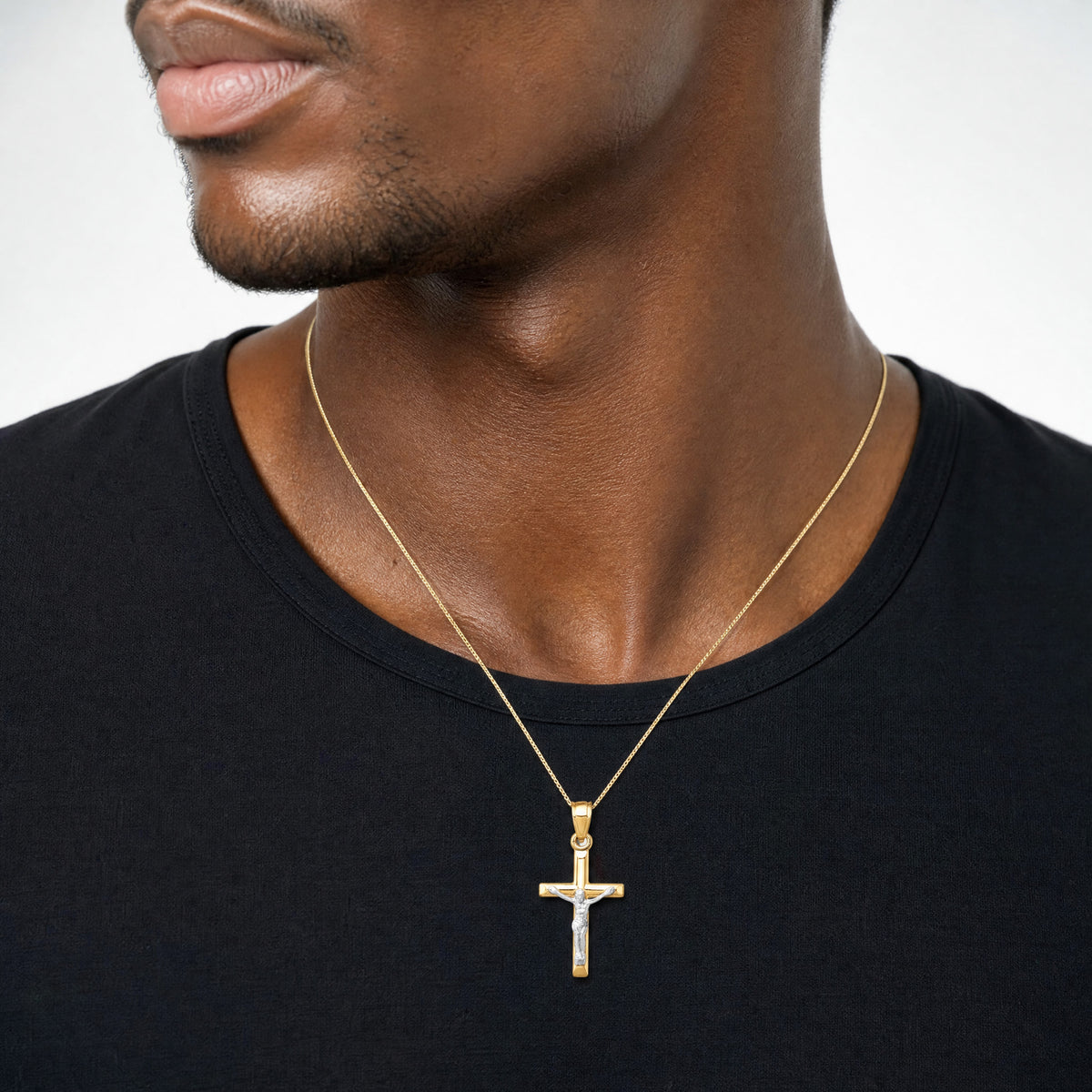 14k Two-tone Hollow Crucifix Charm - Model Shot
