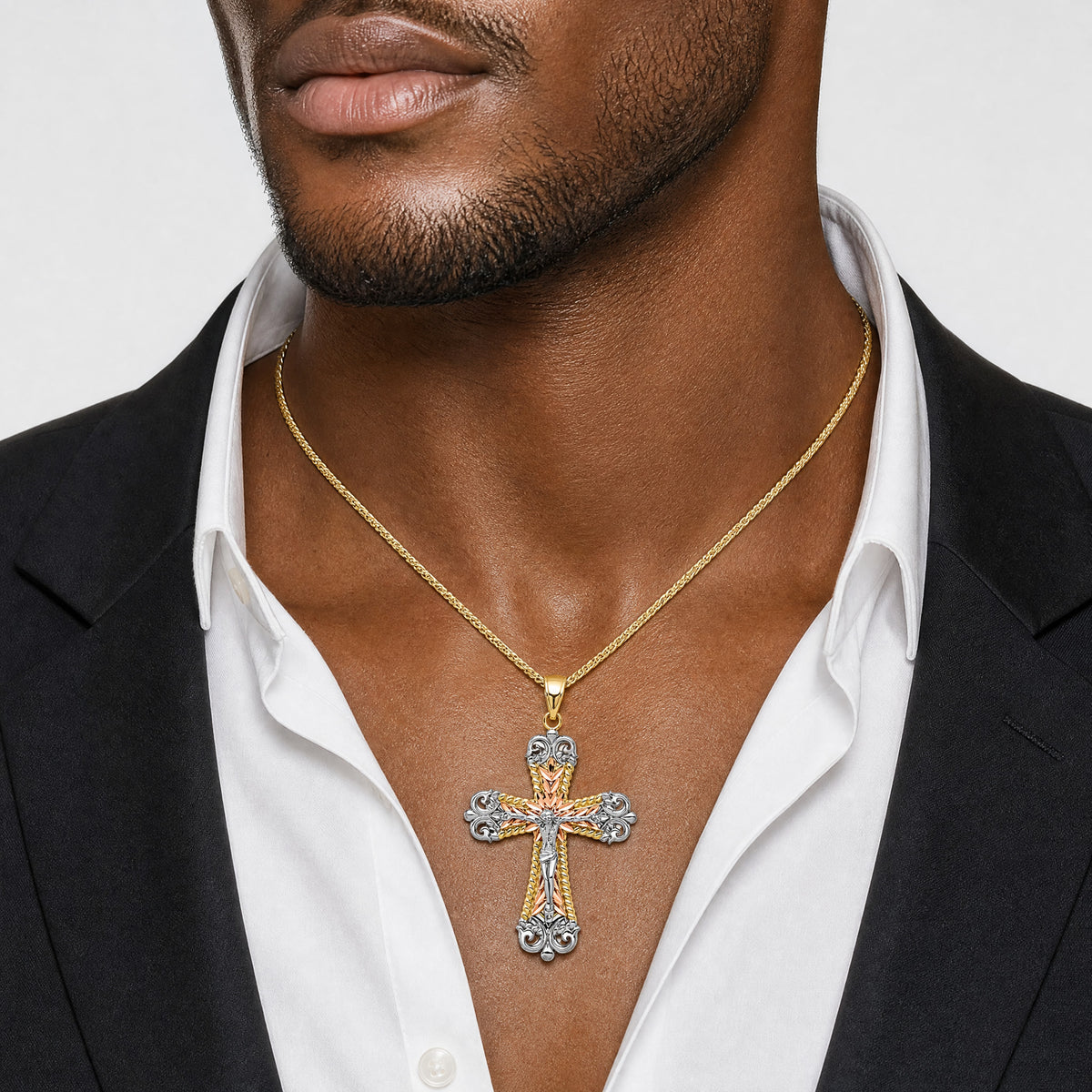 14K Tri-Color W/ White Rhodium Crucifix Cross Pendant - Model Shot