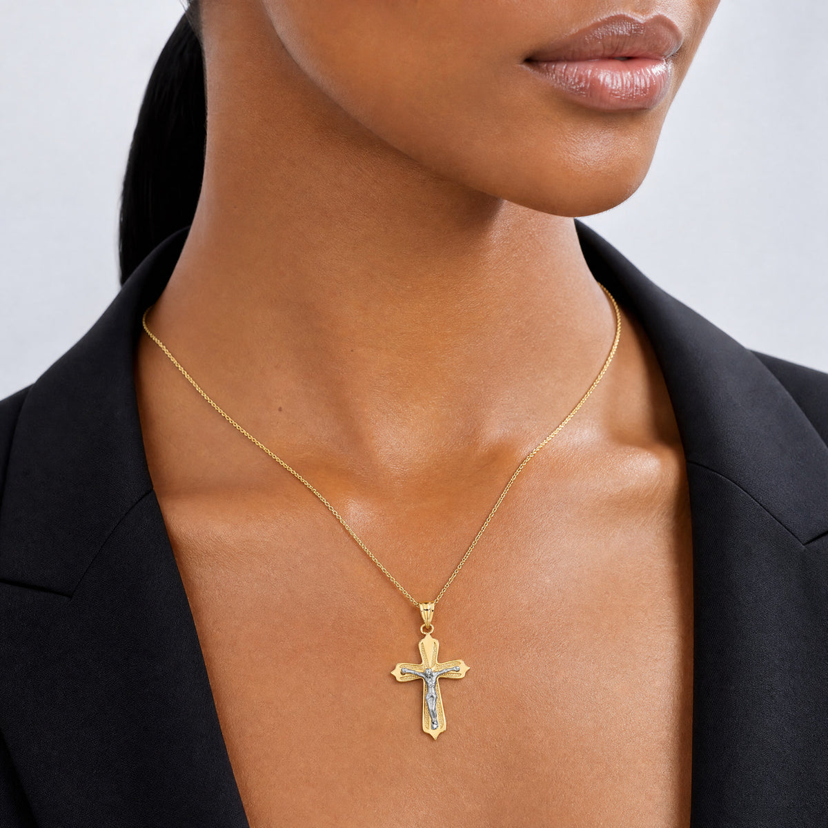 14K Two-tone Crucifix Pendant - Model Shot