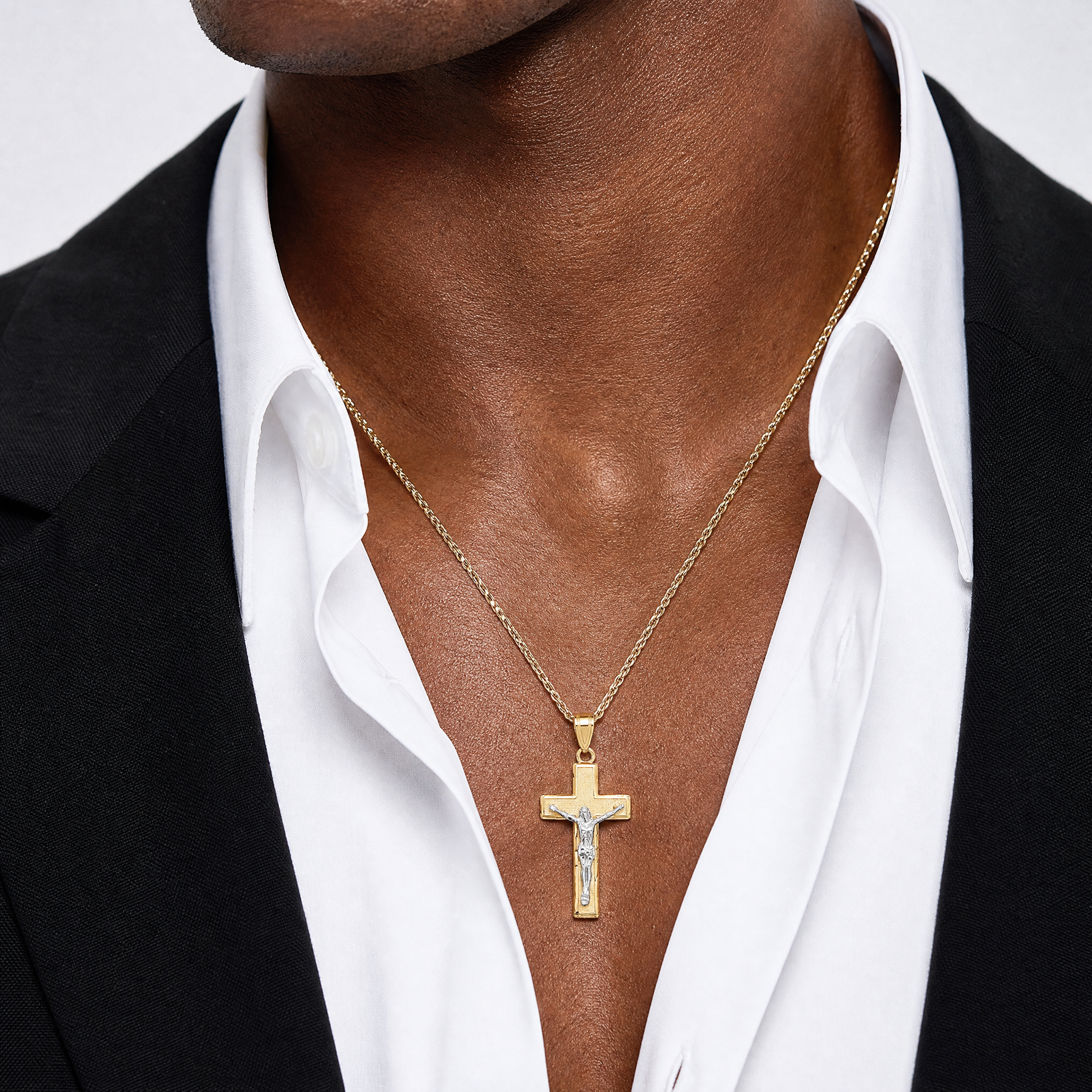 14K Two-tone Diamond-cut Crucifix Pendant - Model Shot