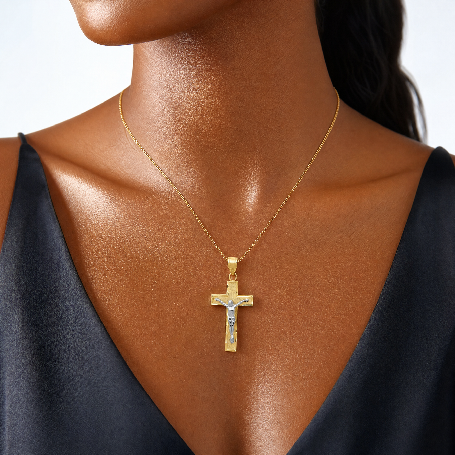 14K Two-tone Diamond-cut Crucifix Charm - Model Shot