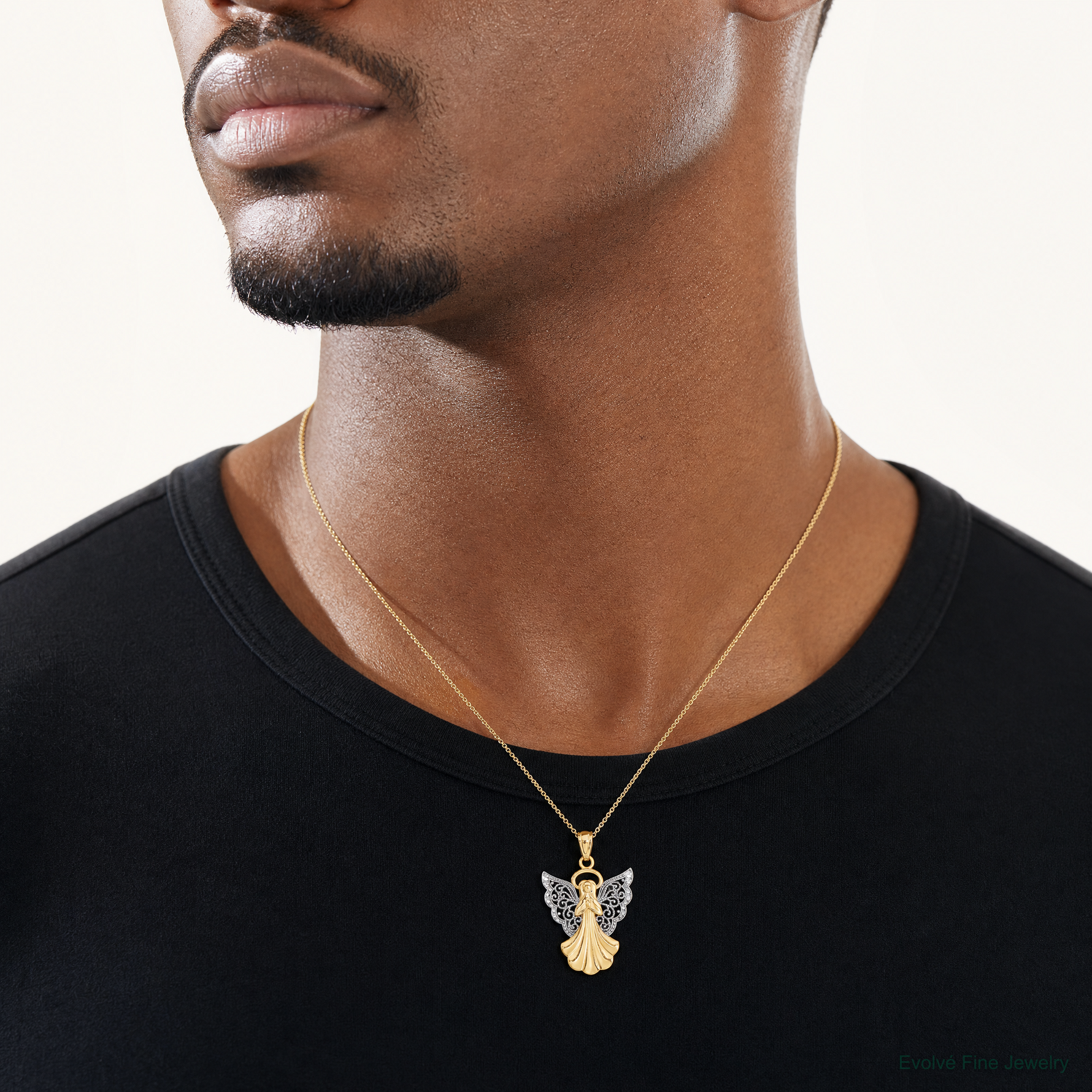 14k w/Rhodium Filigree Angel Pendant - Model Shot